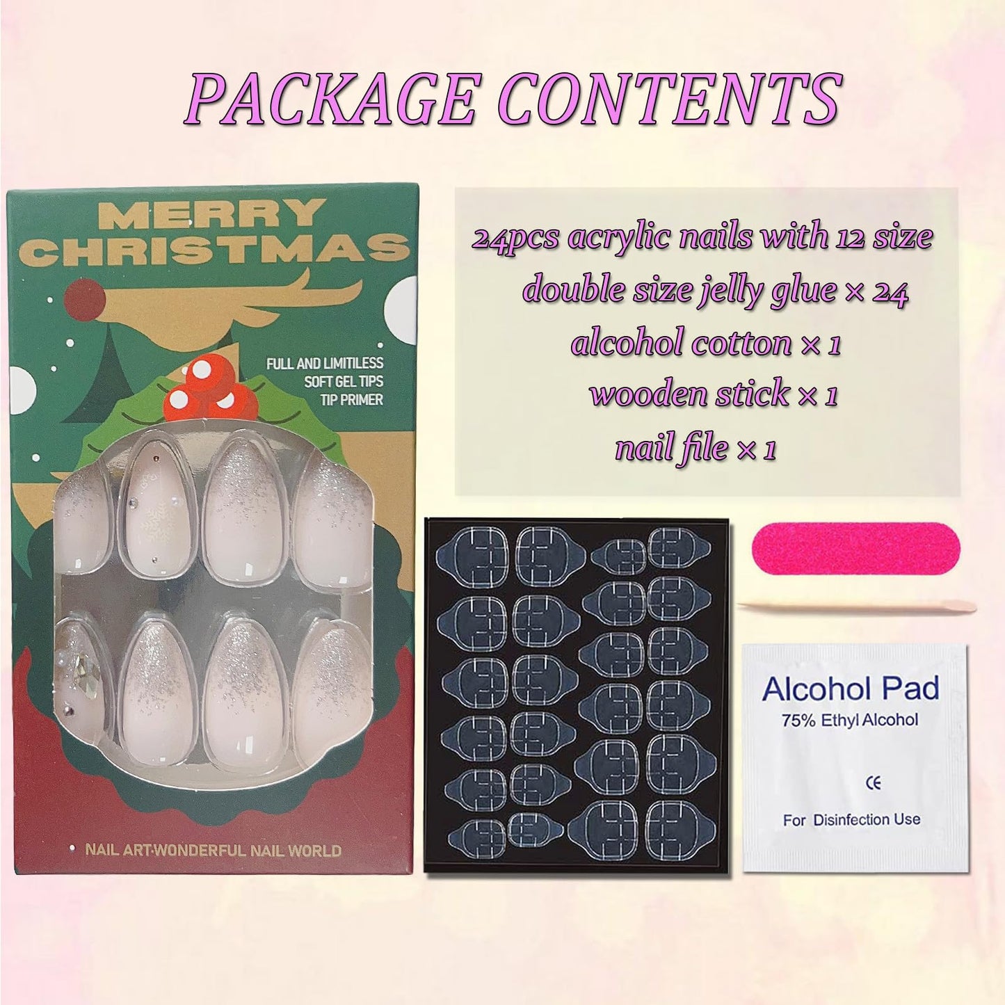 Christmas Press on Nails French Glitter Fake Nails Cute Snowflake Artificial False Nails with Rhinestone Designs Medium Acrylic Nails Kits Almond Christmas Glue on Nails for Women Nail Art 24Pcs
