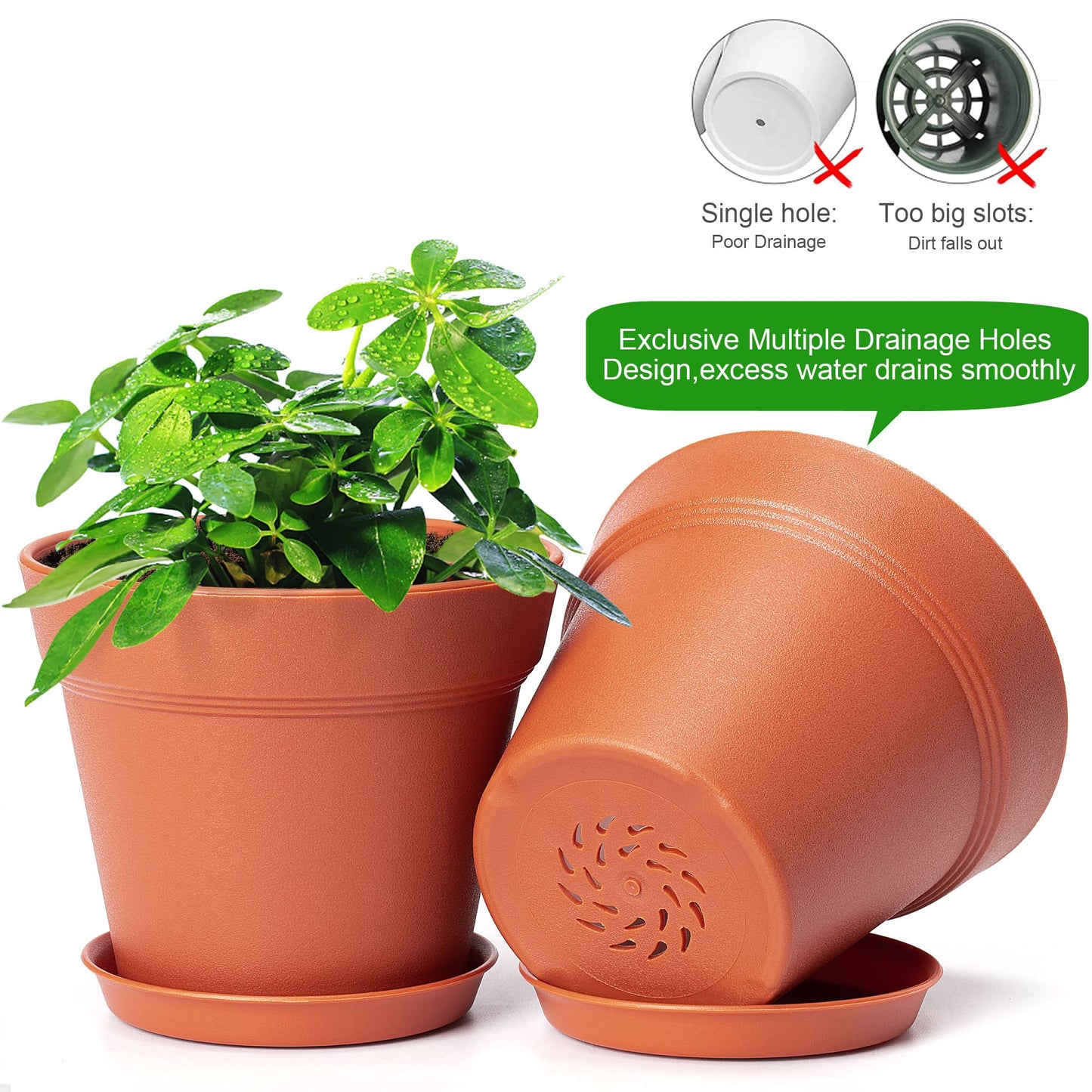 FHWTY 6 Pack 7in Plastic Plant Pots Black & 6 Pack 7in Plastic Plant Pots Terracotta