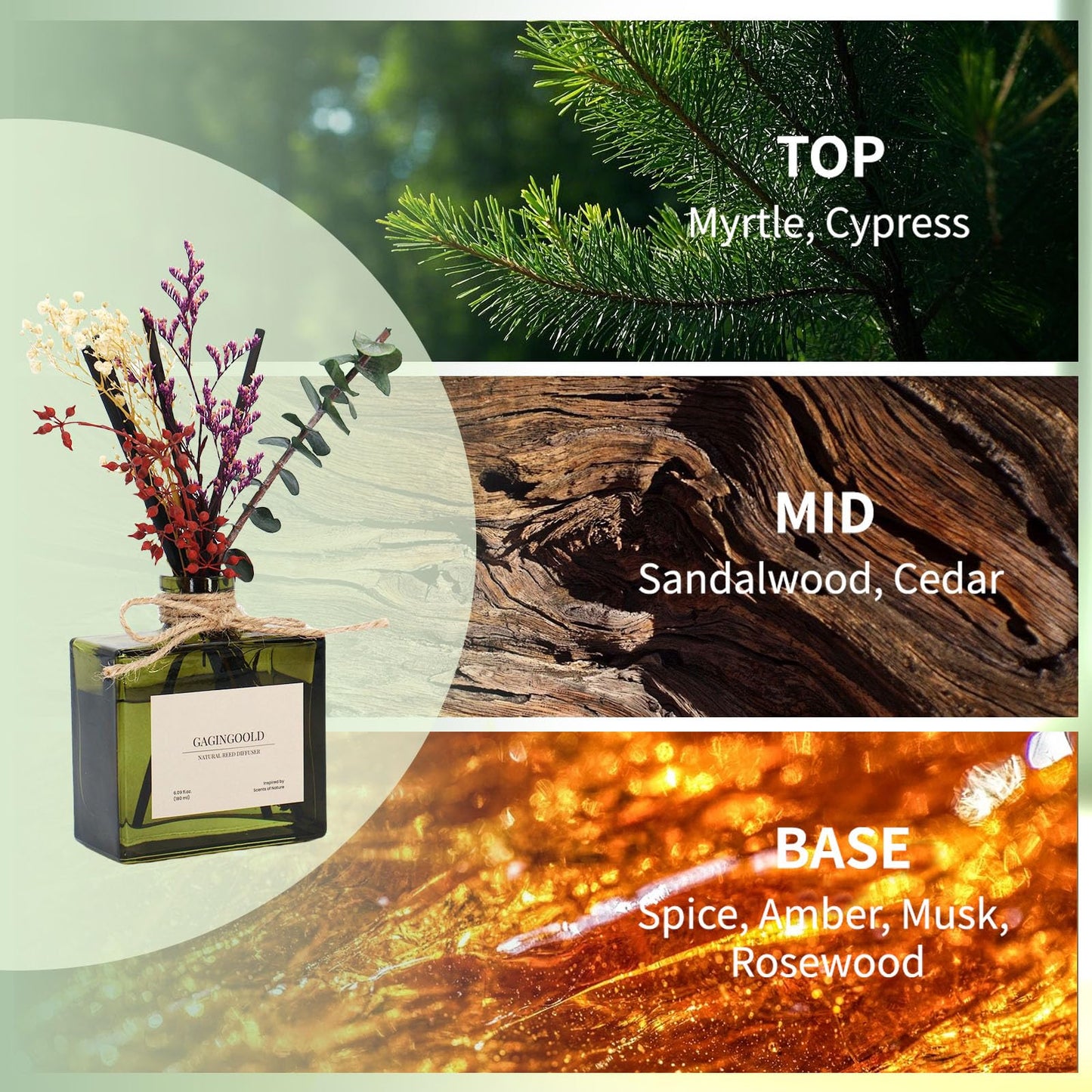 GAGINGOOLD Reed Diffuser, 6.09 oz Earthy Sandalwood Scent Diffuser with Sticks & Dried Flowers, 120 Days Long Lasting diffusers for Home, Elegant Fragrance for Bathroom Bedroom Office Decor Air Fresh