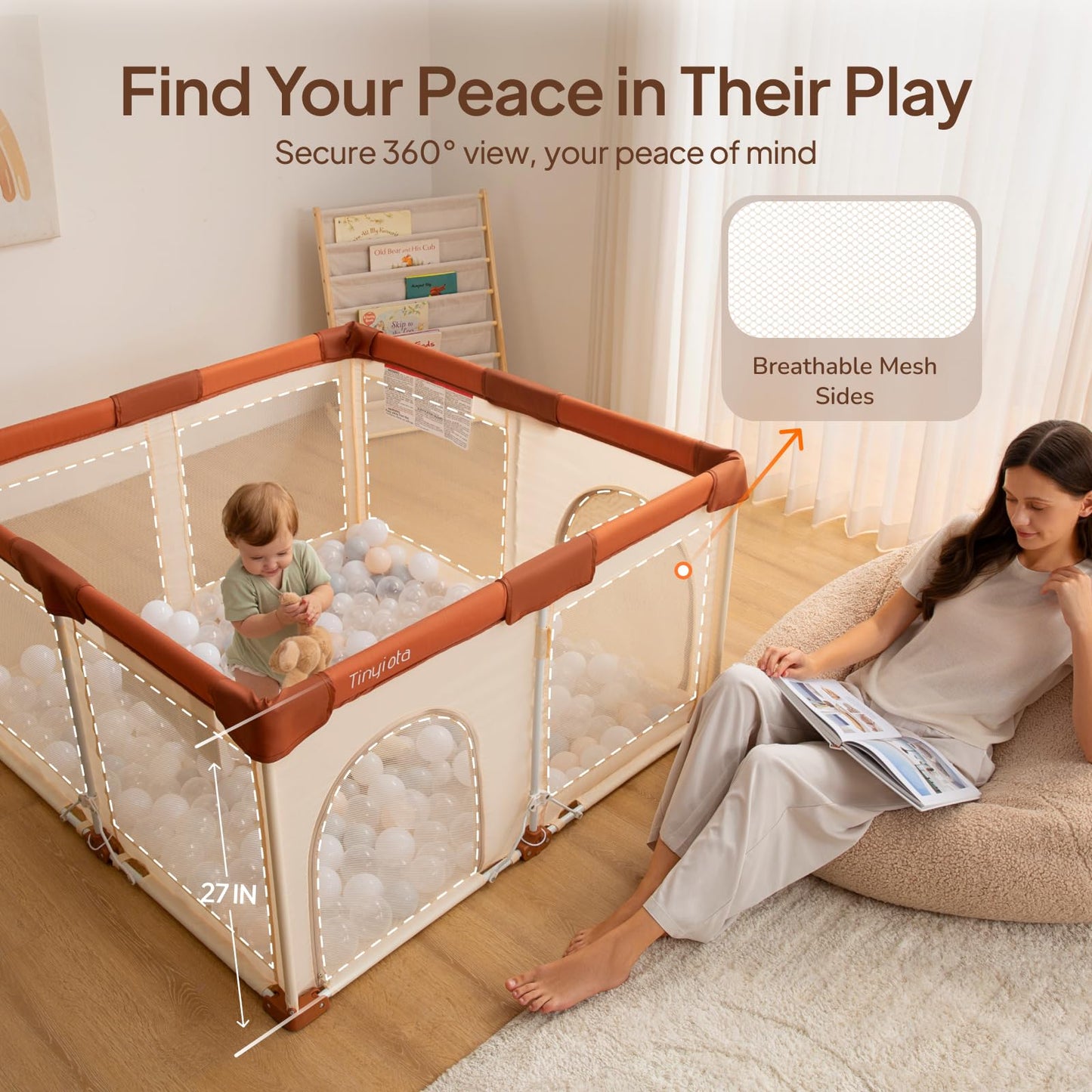 Tinyiota Foldable Baby Playpen, 50x50 Inch Portable Play Yard for Babies and Toddlers with Soft Breathable Mesh, Storage Bag & 2 Pull-Toy Handles for Indoor & Outdoor (Brown, 50x50)