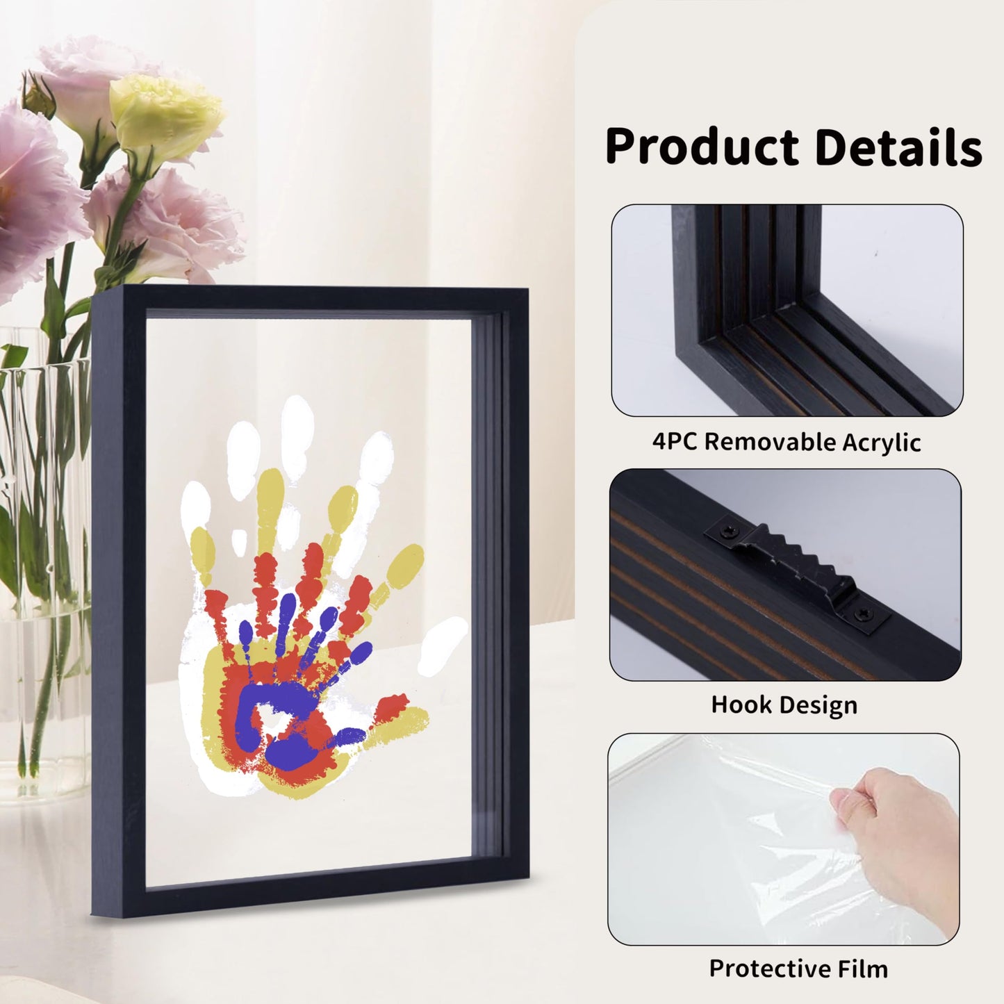 CHERRY CHEERS Family Handprint Kit, DIY Craft Keepsake Wooden Frame, Endless Gift Set, Non-Toxic Paints, Transparent Sheets (Black)