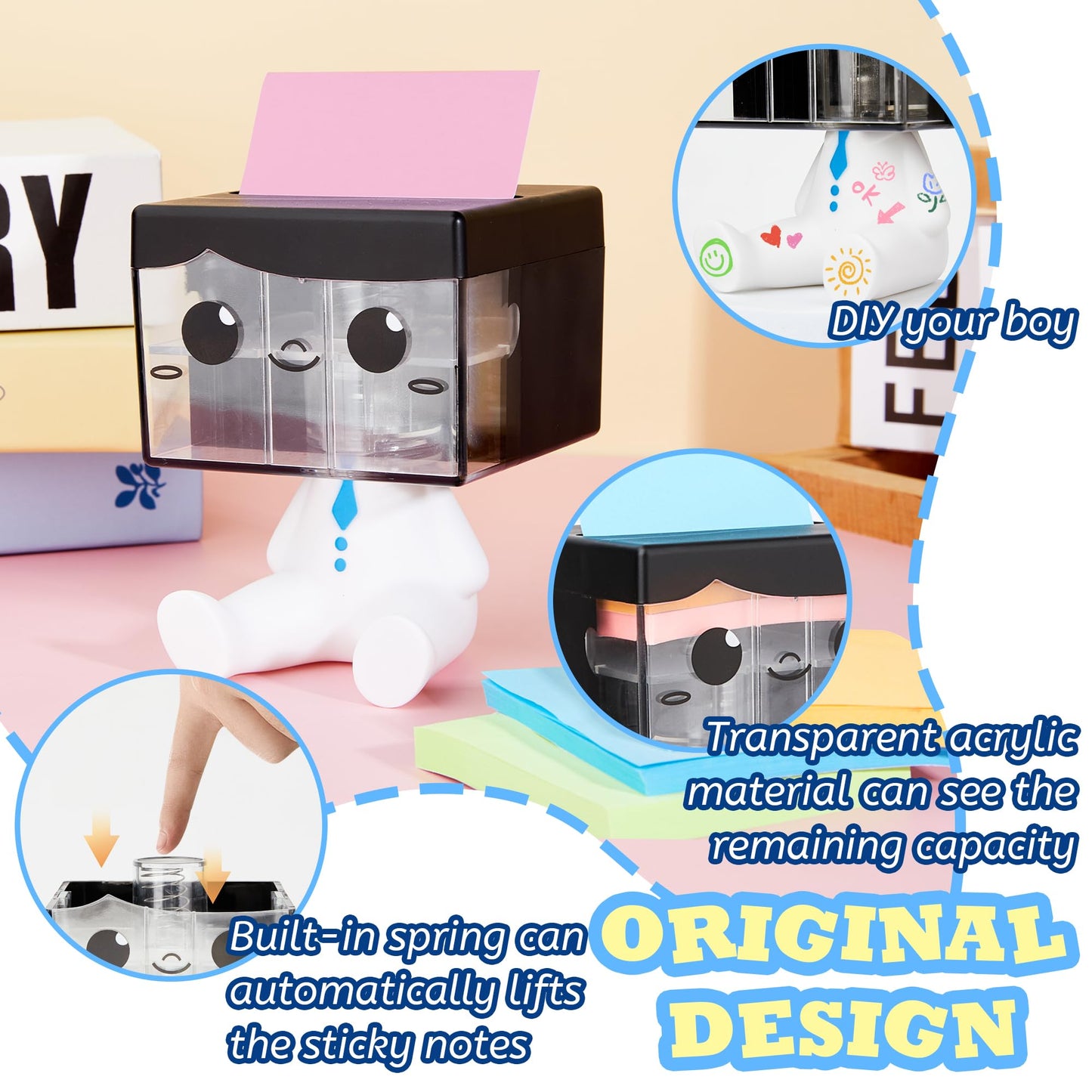 Dormercy Pop-up Notes Dispenser for Desk, Idea Boy Sticky Note Holder for Office School, Cute Office Supplies, 3x3 in, Magnetic Design, White, 1 Pack