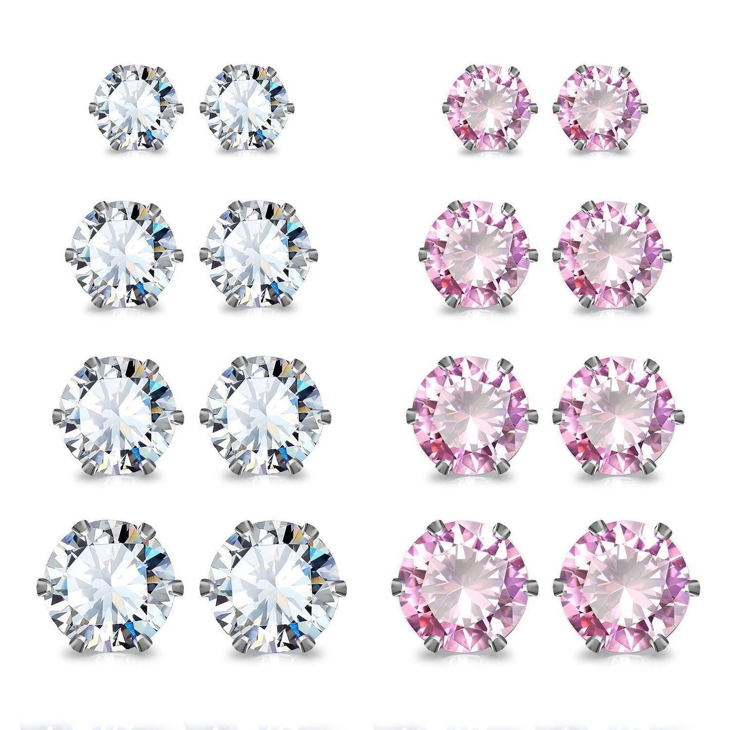 JewelrieShop Earrings for Women Studs Set Stainless Steel CZ Earing Hypoallergenic Multiple Piercing Ear Stud (8 pairs,4-8mm,White,Pink CZ)
