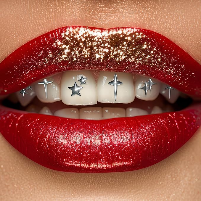 Halloween Tooth Bling Tattoo – Temporary Tooth Gem Kit for Teeth – Safe for Teens & Adults, Removable Fun Fake Tooth Tattoo Stickers for Halloween Costume, Party & Cosplay (Silver Sparkles)