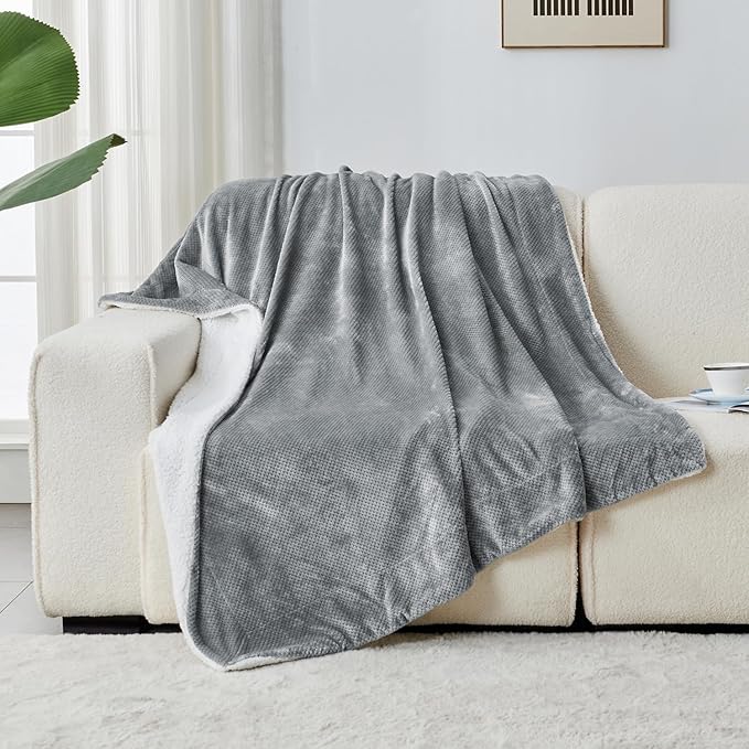 SOCHOW Waffle Sherpa Fleece Throw Blanket, Super Soft Fuzzy Warm, Lightweight Fluffy Reversible Plush Blanket for Bed Sofa Couch, 50 x 60 Inches Grey