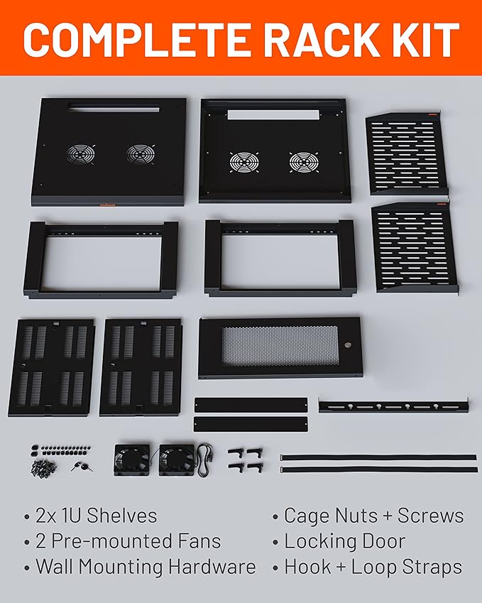 ECHOGEAR 6U Network Rack - Enclosed Wall Mount Rack Kit Includes 2X 1U Shelves, Pre-Mounted Fan, Lockable Door & Hardware - 600mm Depth Fits All Your AV Gear