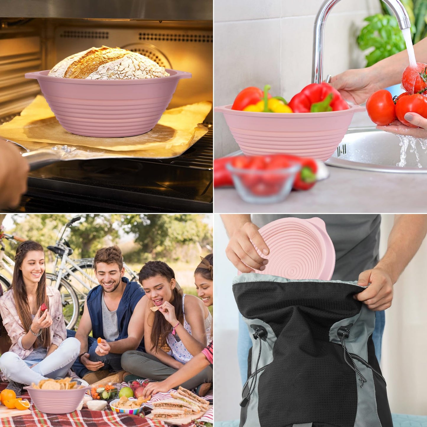 4-Pack Silicone Banneton Bread Proofing Baskets for Sourdough, 9 Inch Round Proofing Bowls with Handles, Built-In Reinforced Rim Support, Foldable, Oven & Dishwasher Safe, BPA Free