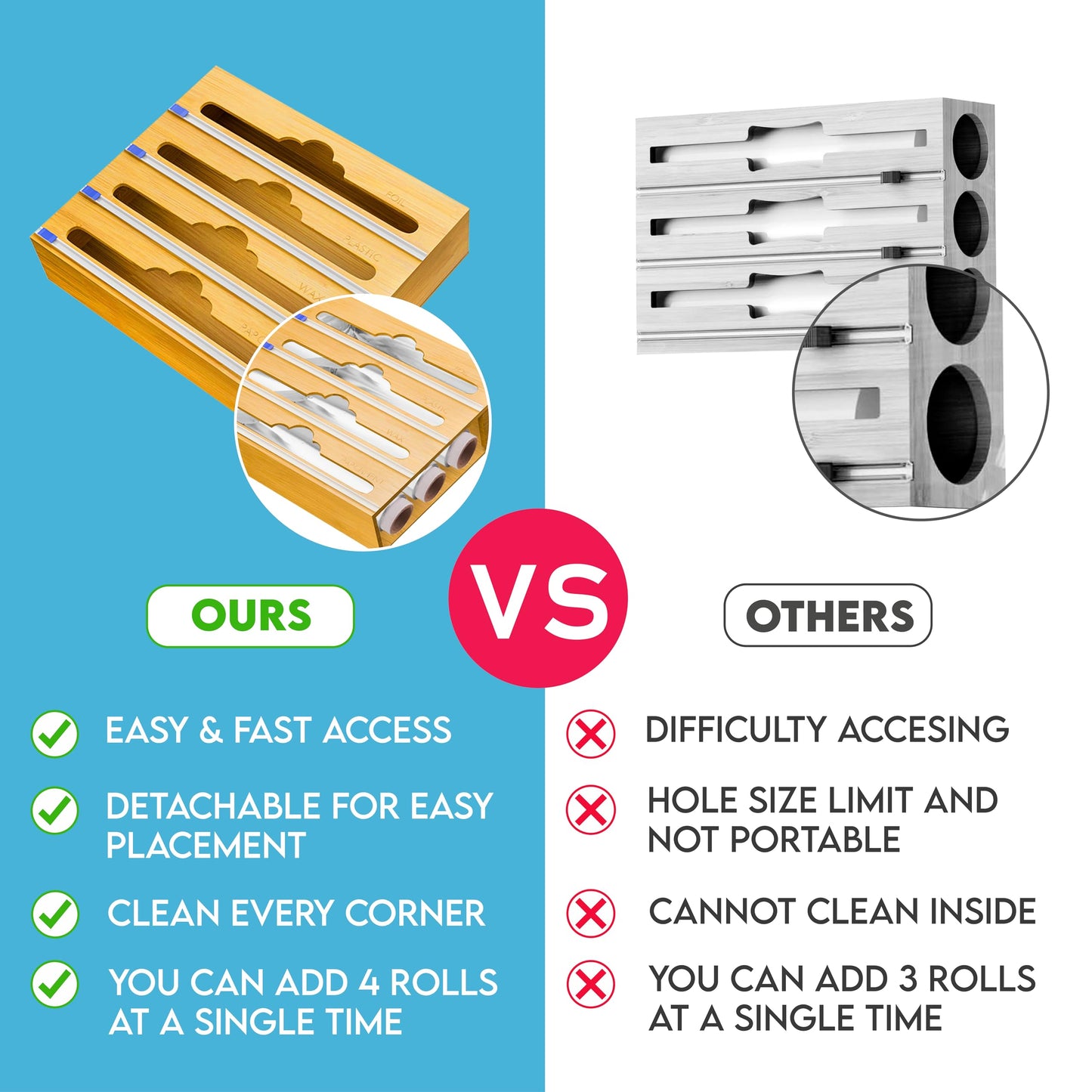 Bamboo Aluminum Foil Organizer & Plastic Wrap Dispenser with Cutter - 4 in 1 Parchment, Wax Paper & Saran Wrap Holder - Tin Foil Food Wrap Organizer for Kitchen Drawer, Countertop & Pantry - 11" Rolls