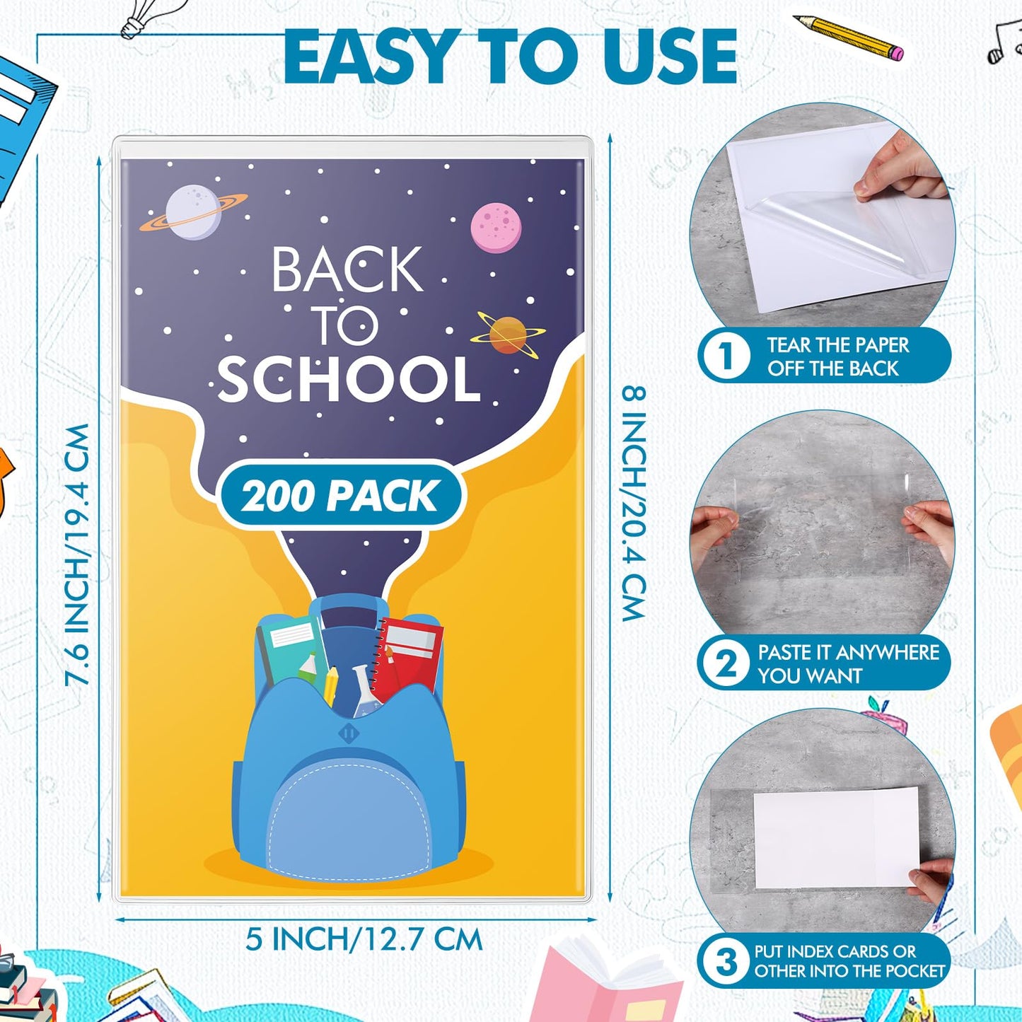 Outus 200 Pcs Self Adhesive Shop Ticket Holders Clear Plastic Sleeves Adhesive Pockets Work Order Job Ticket Holders for Back to School Student Label Home Office Posting Signs (5 x 8 Inch)