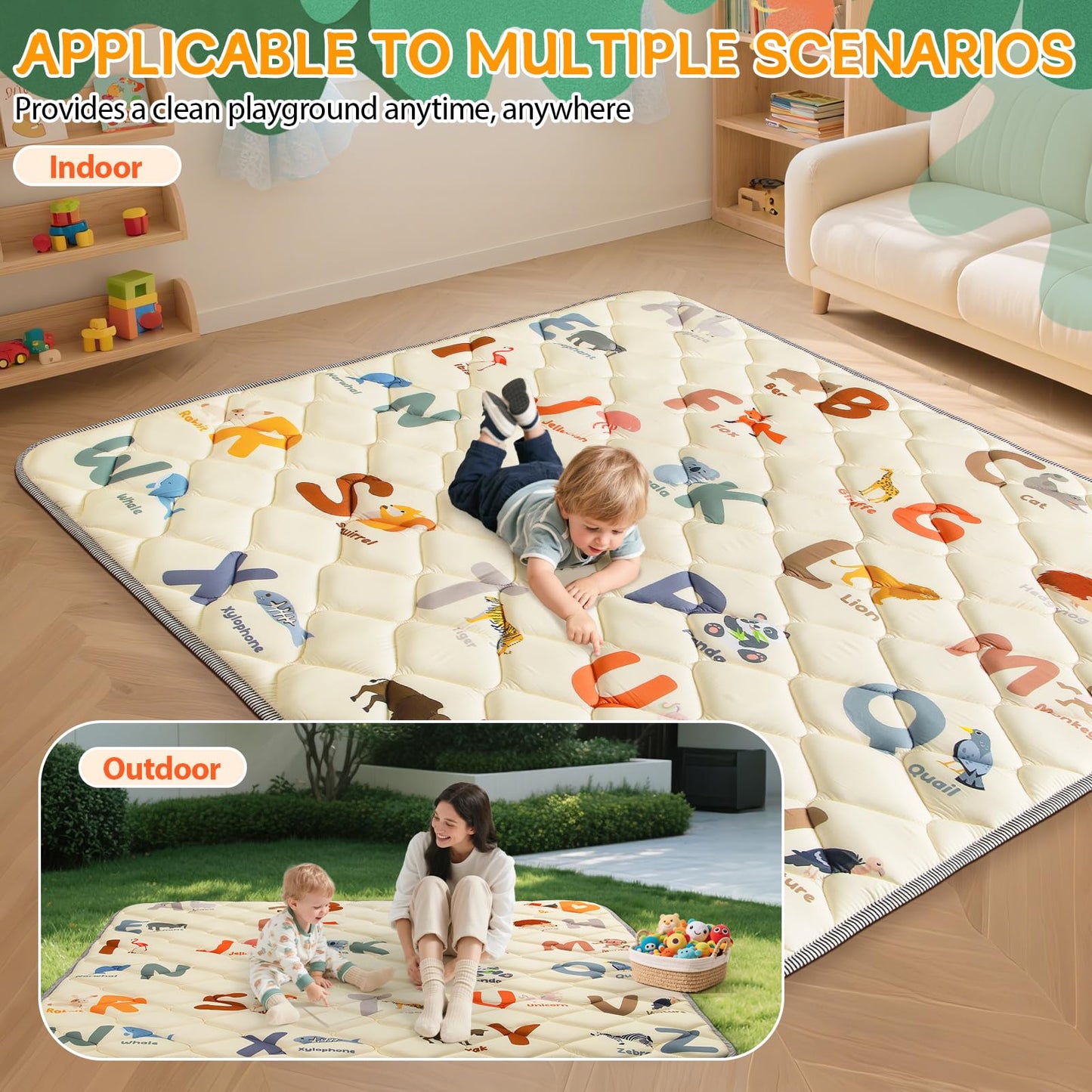 Baby Play Mats for Floor - 65”x50” Playmat for Babies - Foldable Soft Foam Mat for Toddlers - Machine Washable & Non-Slip Thick Play Mat for Picnic Portable - Animals Alphabet Design