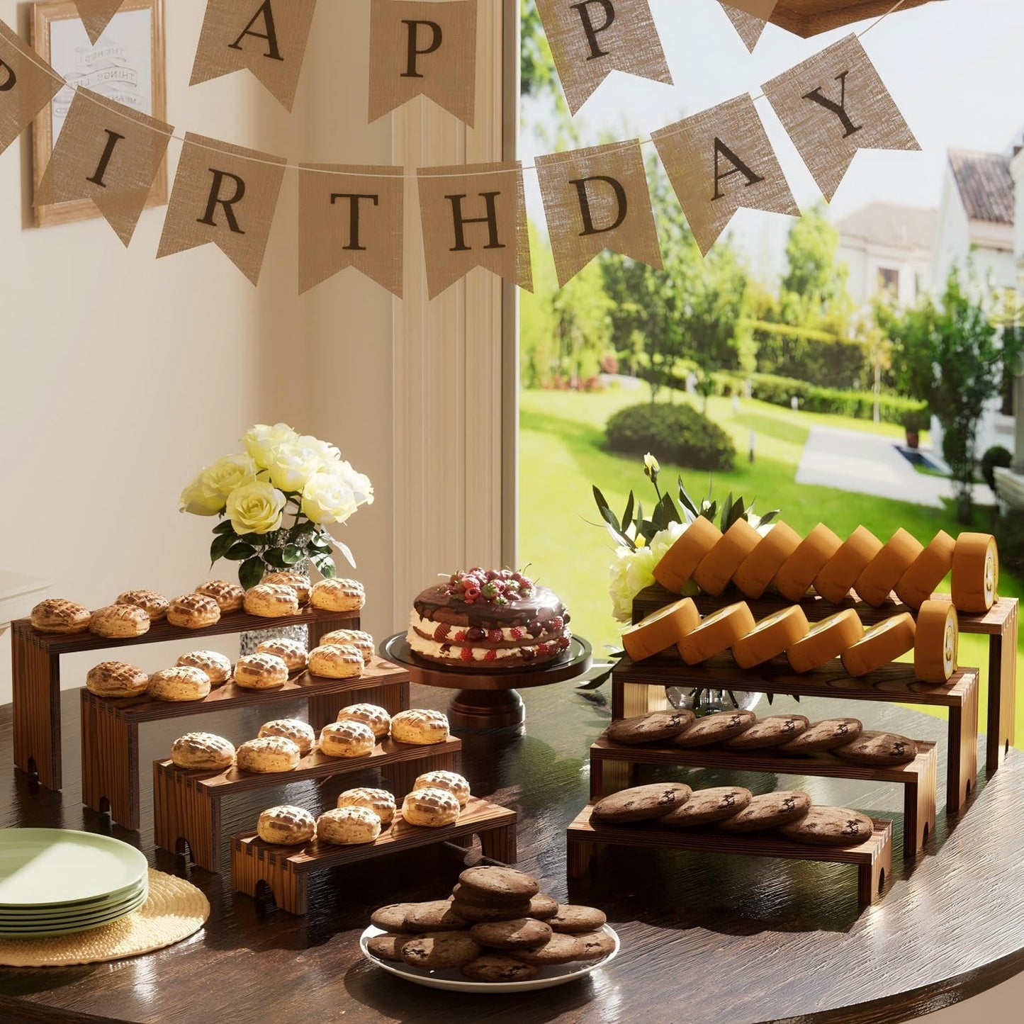 2 Set Wooden Tiered Risers Display Stands for Vendor Events,Stackable Wood Cupcake Display Stand,Farmhouse Decor Wood Dessert Table Display Set,Vendor Booth Display Items,Food Display Risers for Party