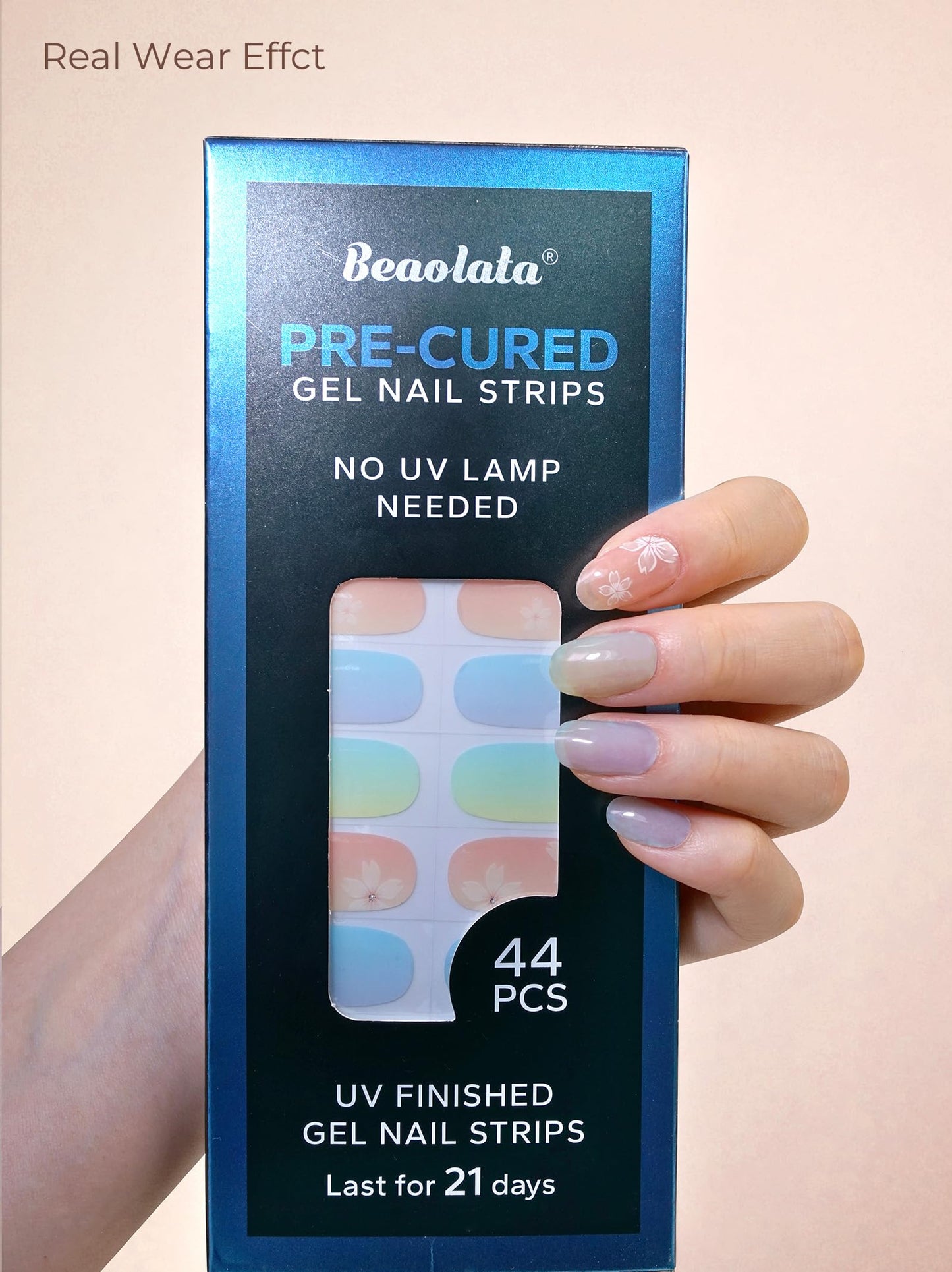 Beaolata Real Gel Nail Strips (No UV Light Needed) - 44Pcs Salon Quality Nail Stickers - Long Lasting Polish Wraps for Women, Easy Apply & Remove (Mint Rose Pink)