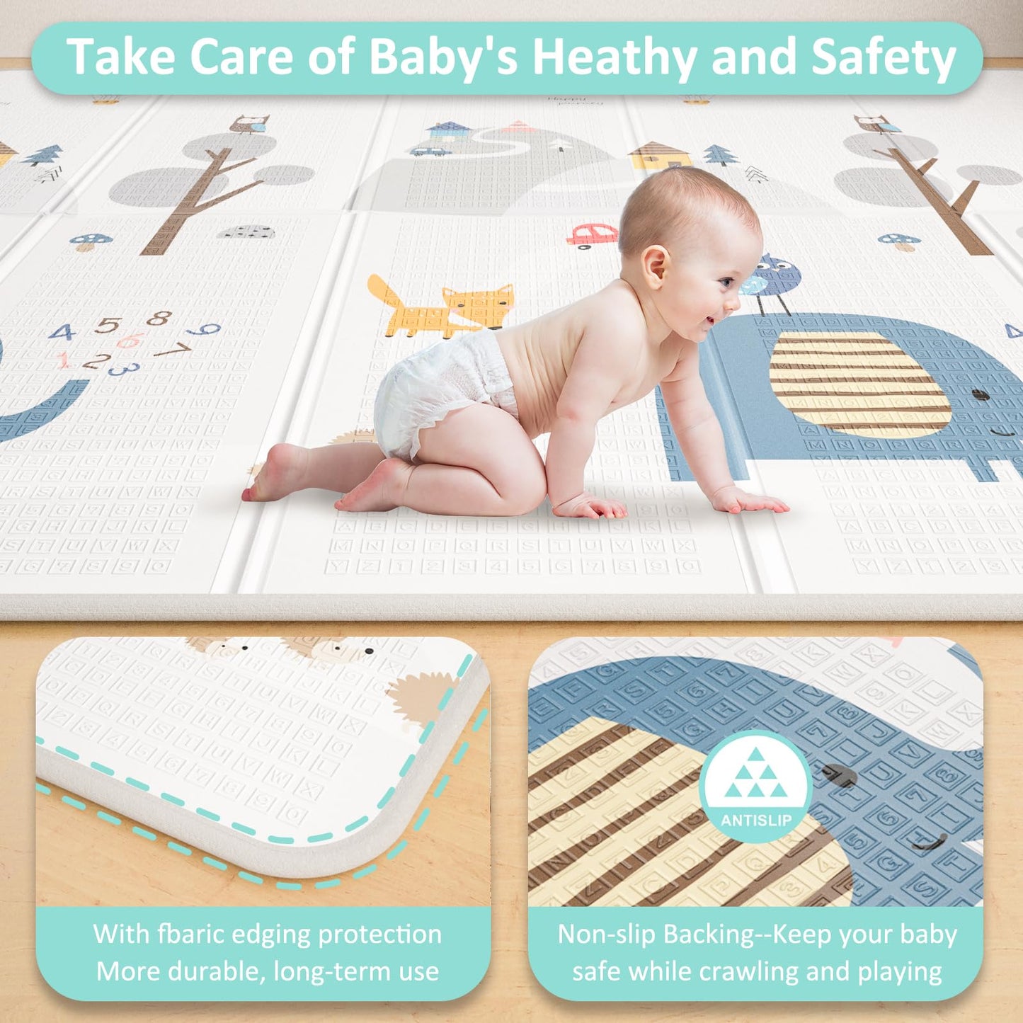 Foldable Baby Play Mat, Double-Sided Design, 79x59 inches, Waterproof, Non-Slip, Extra Thick 0.4 inch, Sea Animals and Elephant Patterns