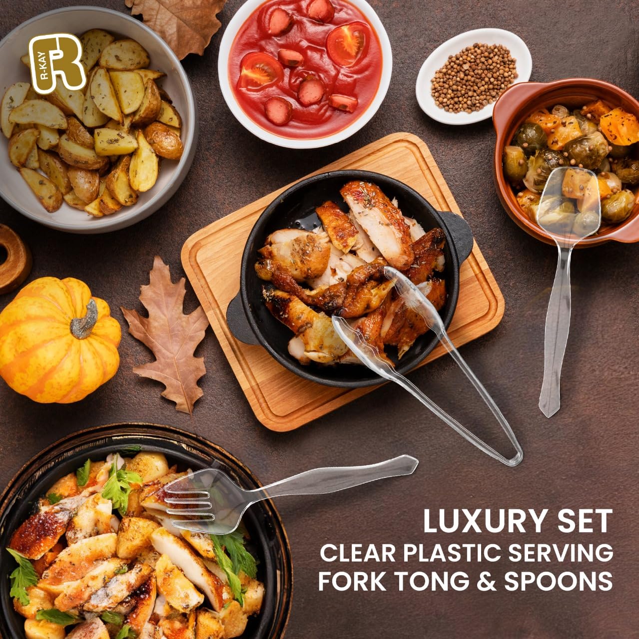 18 Pcs Clear Plastic Serving Utensils Set - 6 Clear Plastic Serving Spoons, 6 Tongs And 6 Forks - Heavy Duty Disposable Serving Utensils Set For Parties