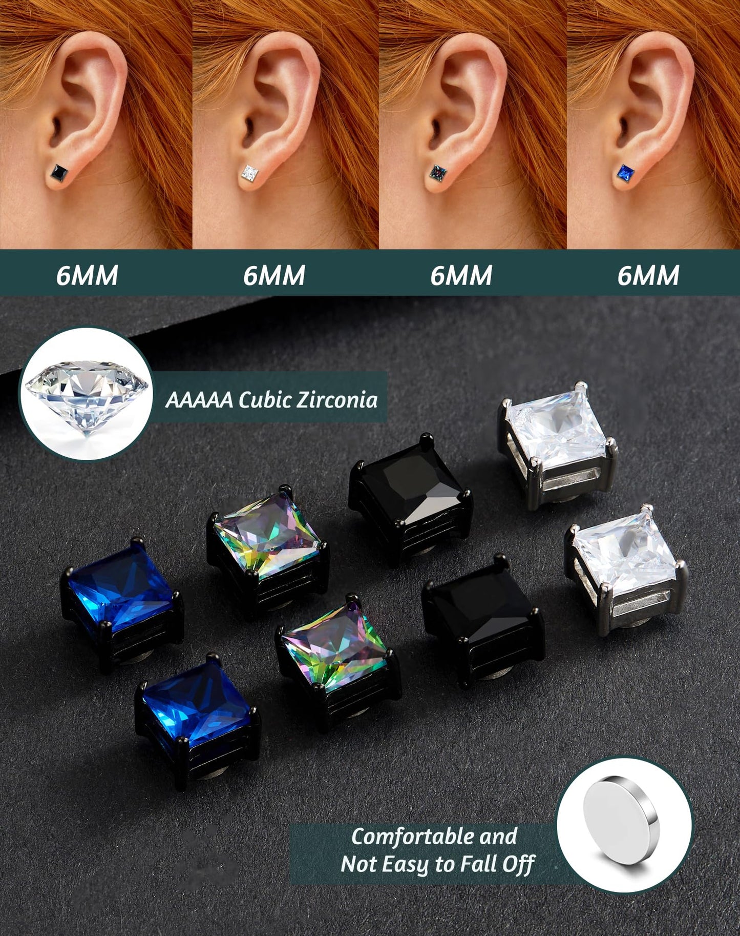 SIISPRI 4 Pairs Stainless Steel Magnetic Stud Earrings for Men Women Hypoallergenic Inlaid Cubic Zirconia Unisex Non-Piercing Clip On Stud Diamond Earrings Set