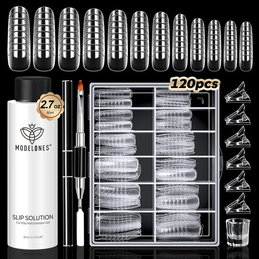 modelones Slip Solution for Poly Gel, 2.8oz Anti-Stick Liquid for Poly Gel with 120Pcs Flat Dual Nail Forms Nail Tips Clips Kit