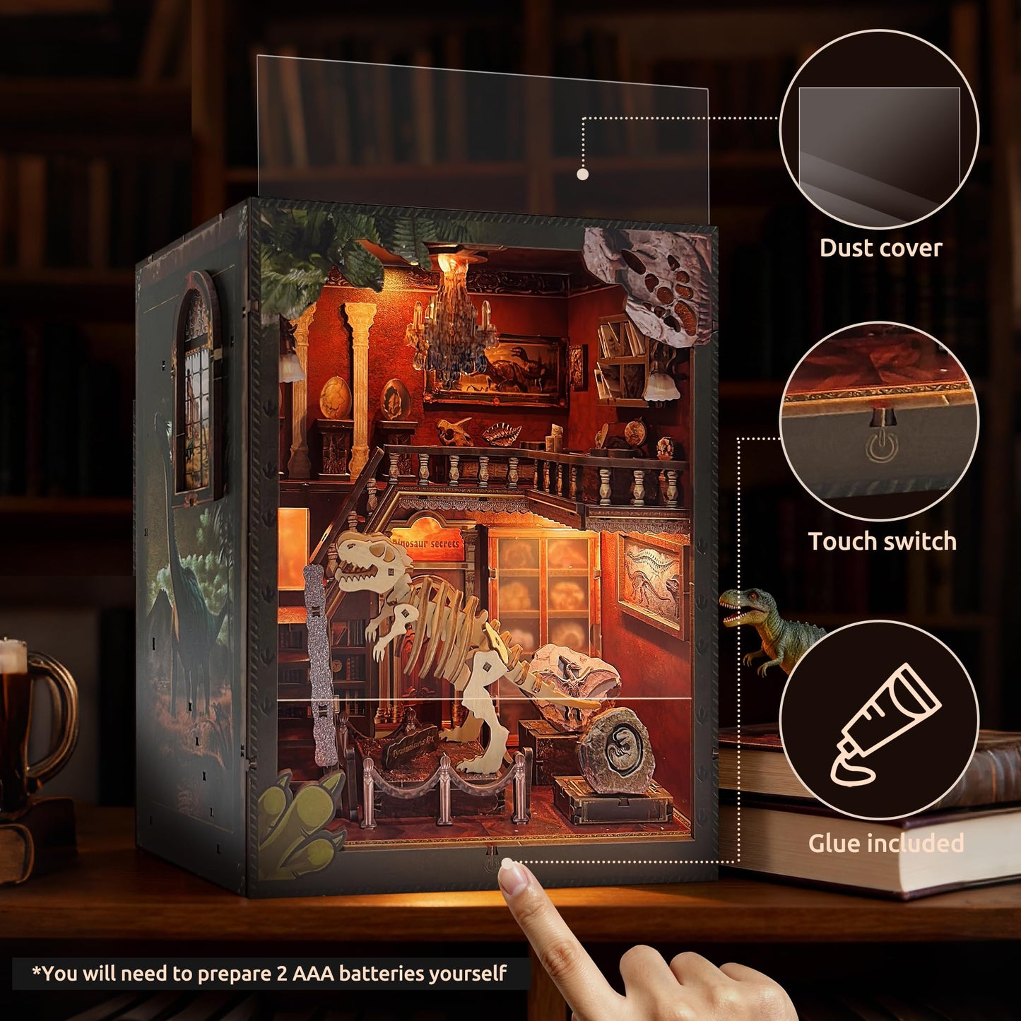 Soothee DIY Book Nook Kit with LED Lights | 3D Puzzles for Adults & Teens, Miniatures and Model Building Kits for Bookshelf Decor, Relaxing & Unique Gift for Craft Lovers | Dinosaur Museum