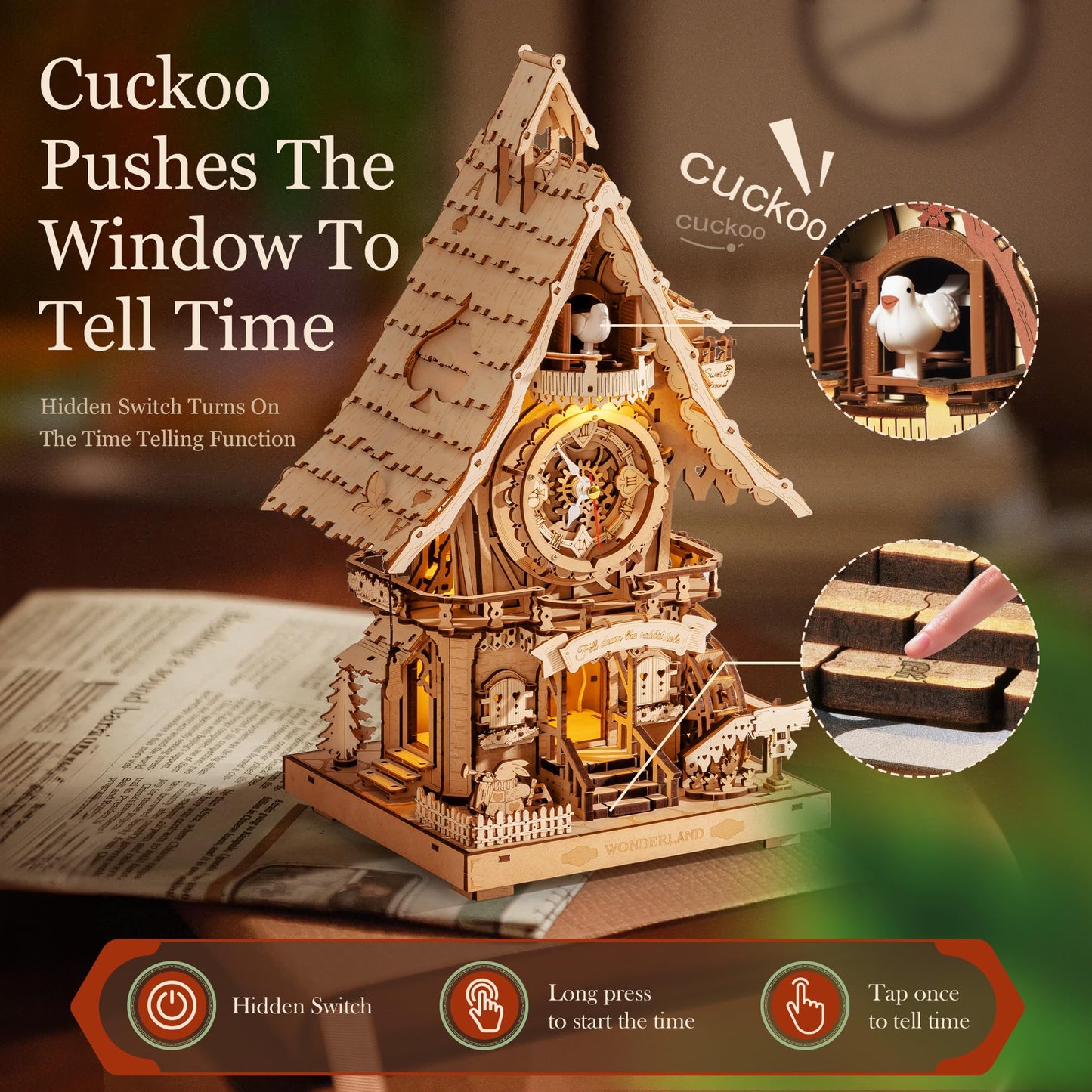ROBOTIME 3D Wooden Puzzles for Adults-Cuckoo Clock Wooden Models for Adults to Build-435 Piece Model Kit with 2 Lights-Gift for Craft Enthusiast Model Building Set (Natural)