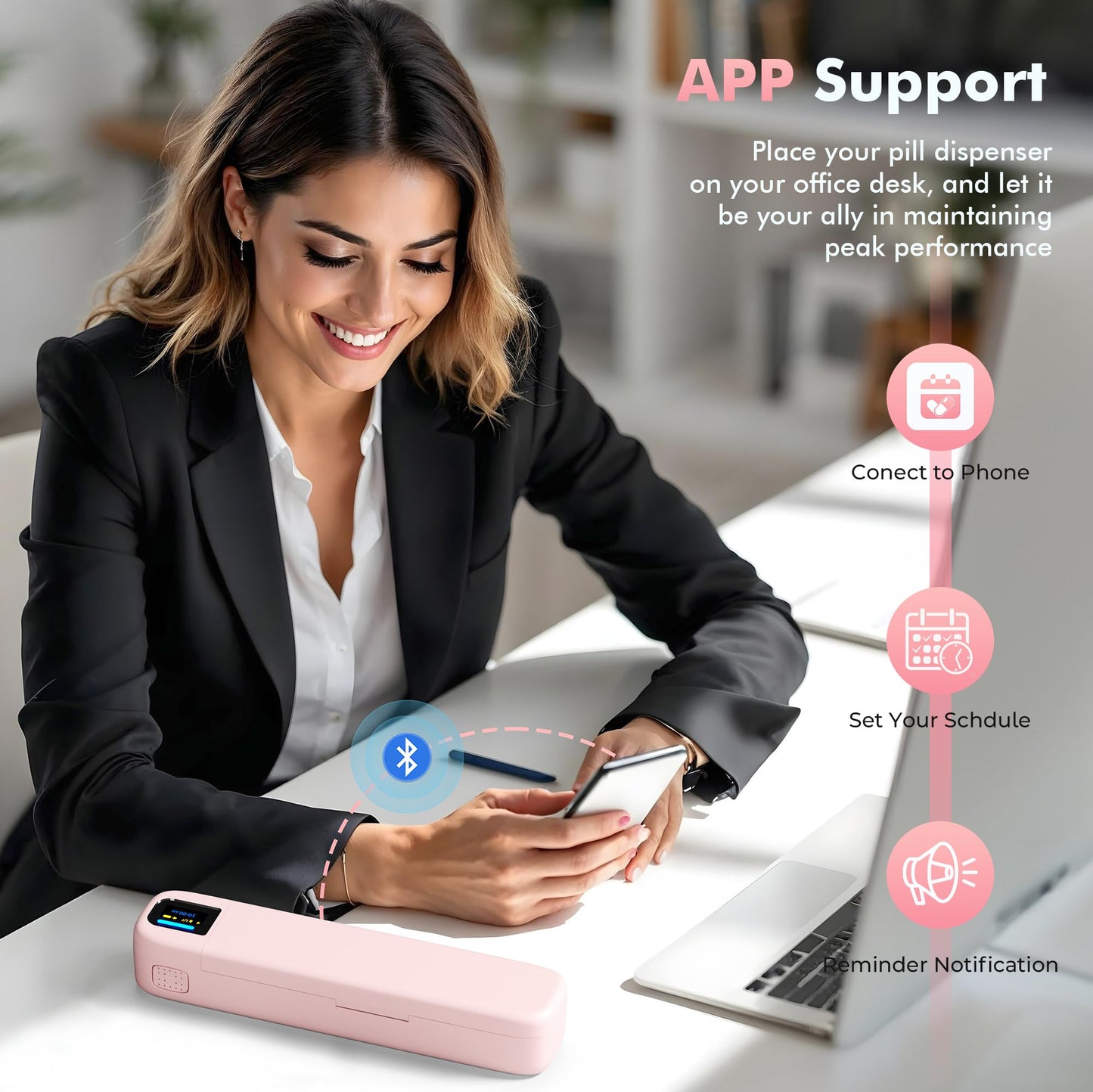 Smart Pill Dispenser with Alarm & Bluetooth, 7-Day Once-Daily Organizer & Travel Case, App-Controlled Medicine/Supplement/Vitamin Reminder, Portable Weekly Pill Box (Pink)