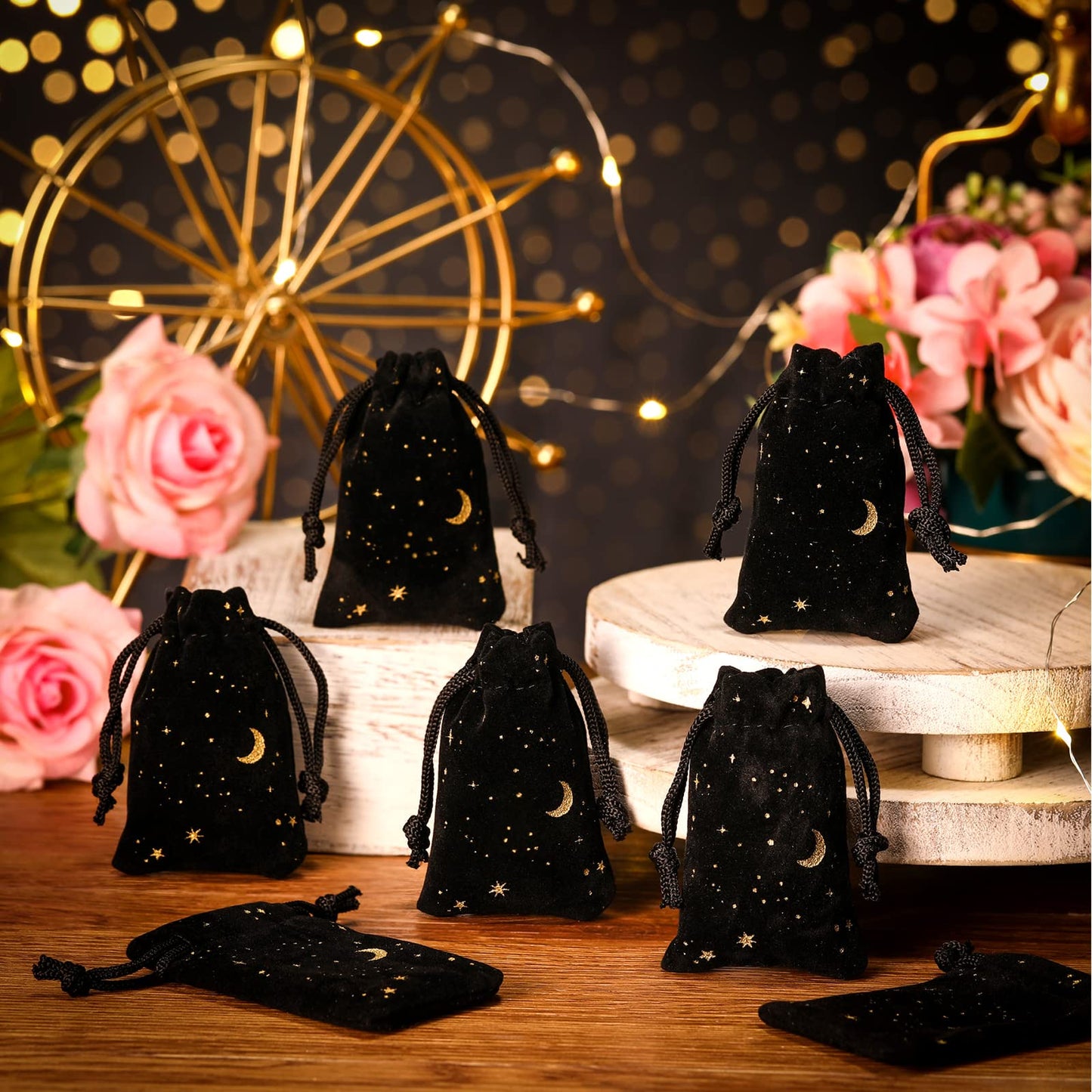 Hillban 30 Pcs 2 x 3 Inch Small Black Velvet Drawstrings Bags Bulk for Jewelry Moon Star Pouch with Drawstrings Jewelry Bags for Tarot Gift Packaging Graduation Wedding Anniversary Eid Mubarak