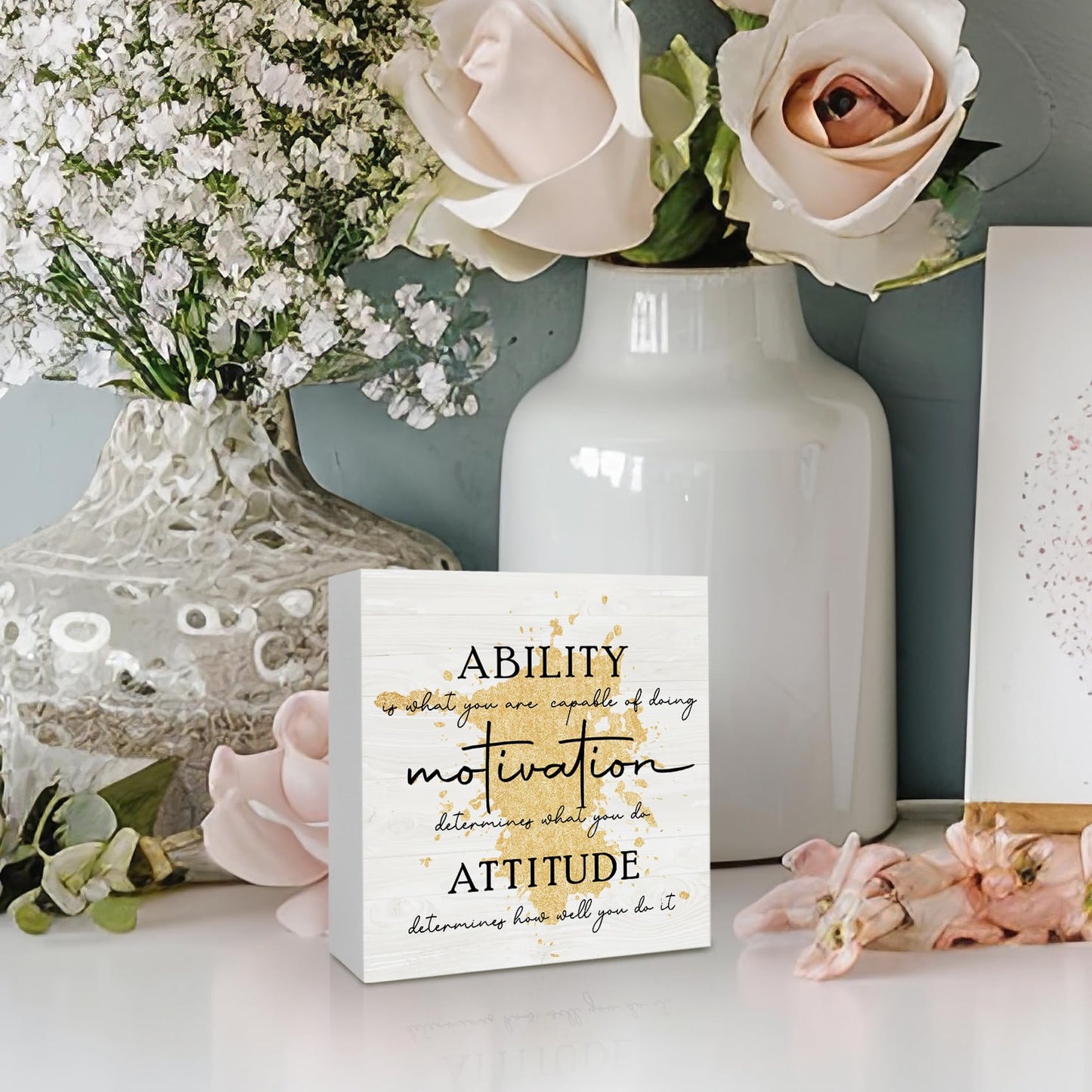 KFXHANGD Gold Office Inspirational Quotes Wooden Box Sign Desk Decor, Ability Motivation Attitude Decorative Signs, Motivational Home Shelf Desk Decor 5x5 Inch
