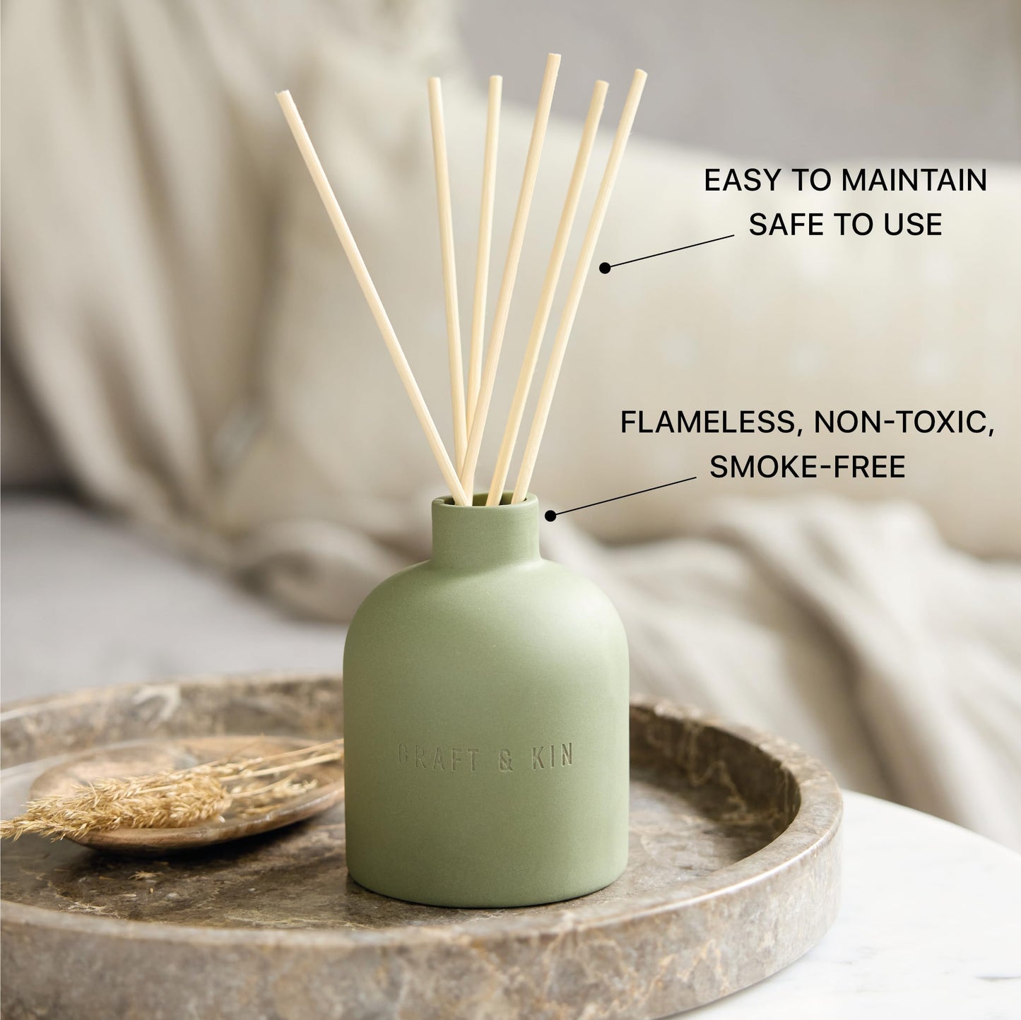 Craft & Kin Reed Diffuser for Home & Bathroom – White Birch & Cedar Holiday Reed Diffuser Set with Fragrance Sticks, Long-Lasting Alcohol-Free Winter Scent, Earthenware Collection, 6.7oz