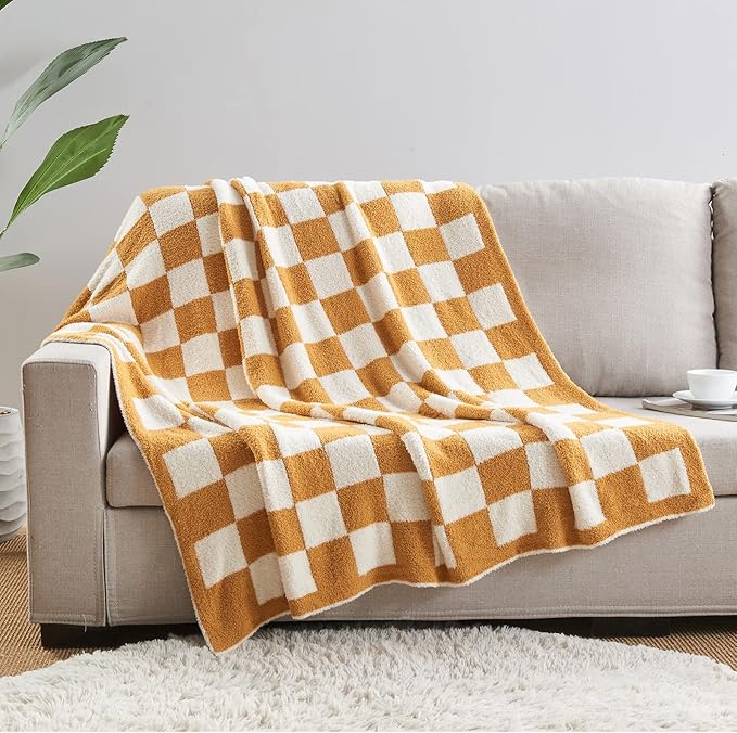 CozeCube Checkered Blanket, Ultra Soft Cozy Orange and White Throw Blanket, Warm Cozy Knit Fuzzy Plush Checkerboard Throw for Couch Bed Sofa, 60"x80"