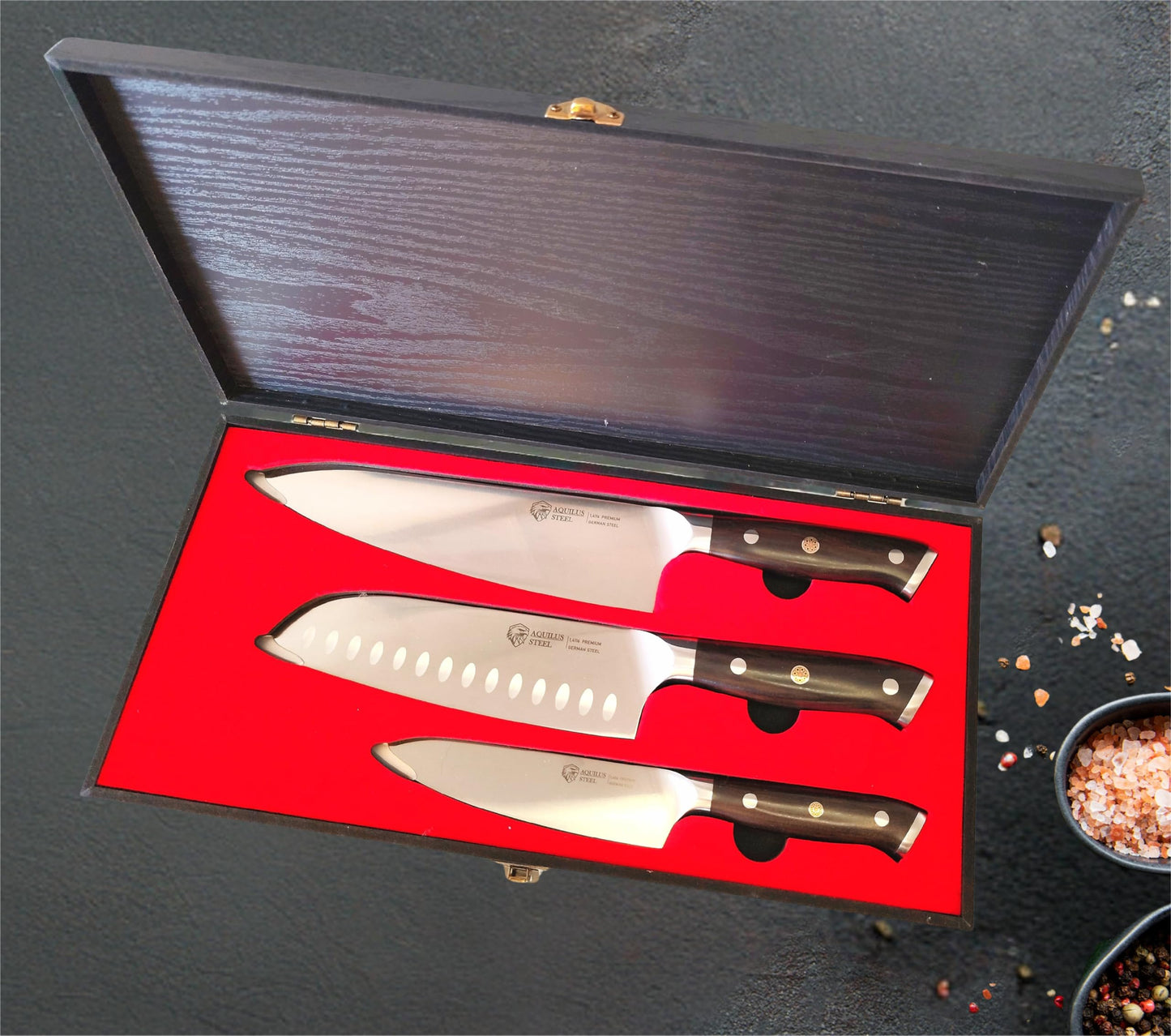 3-Piece Professional Kitchen Knife Set – Full Tang, Ultra-Sharp German 1.4116 High Carbon Stainless Steel – Forged Chef Knives with Ergonomic Ebony Wood Handles – Includes Premium Wooden Gift Box.