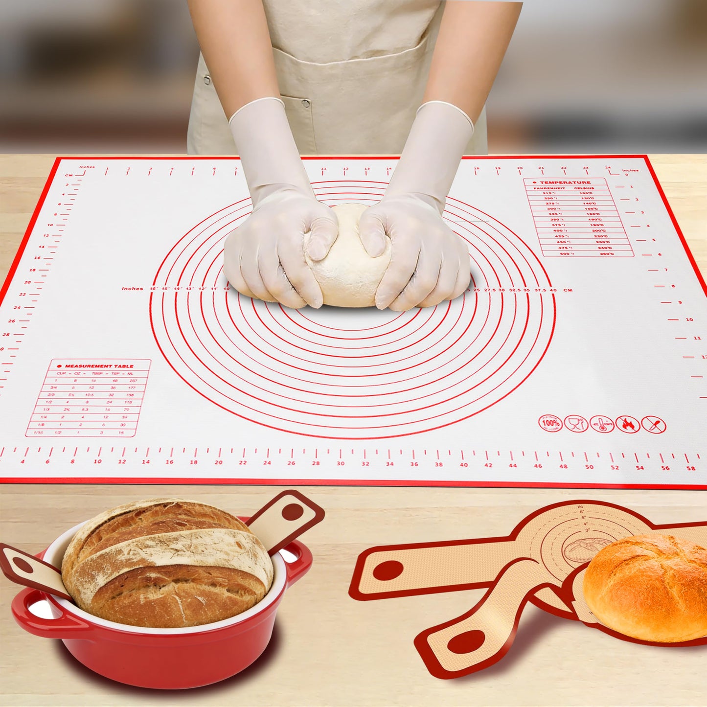 Silicone Baking Mat 3-Piece Set:1Pcs 27x19 inch Non-Slip Pastry Rolling Mat with Measurements &2Pcs Silicone Bread Sling for Sourdough Tools | Non-Stick, Dishwasher Safe, Reusable Baking Accessories