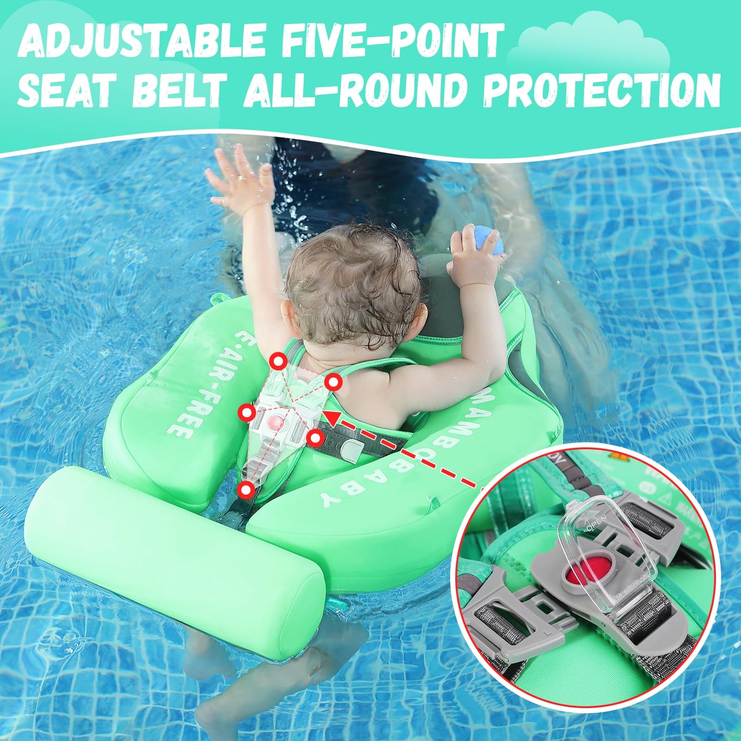GENTEACO Mambobaby Baby Pool Float with Removable Canopy 3-24 Months Baby Float Non-Inflatable Infant Swim Float Add Tail Avoid Flip Skin-Friendly Material Swim Trainer for Toddler Boys Girls (Green)