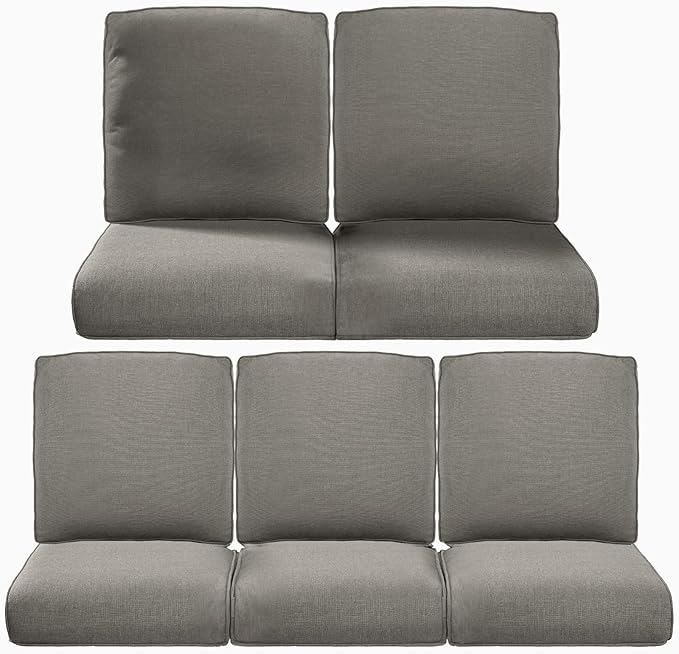 Pop 22x25/22x24 Outdoor Cushions for Patio 5 Piece Set - Set of 5 Water-Resistant Replacement Cushion for Wicker Dining Rocking Swivel Chairs Loveseat Couch Sectional Sofa - Grey/Classic