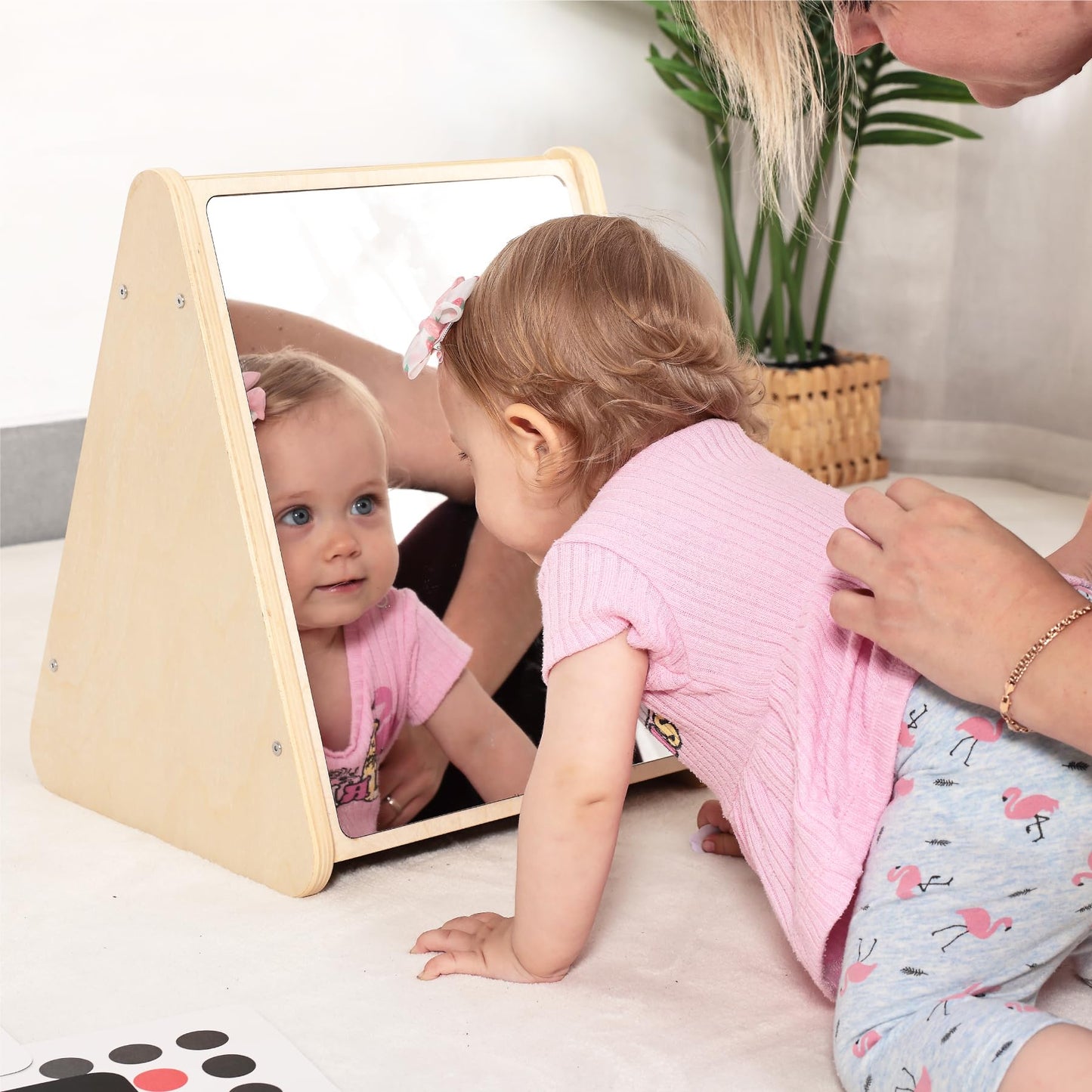KRAND Baby Double-Sided Tummy Time Mirror w/ 2 Package High Contrast Visual Stimulation Cards, Sensory Activity Montessori Toys for 6 Months+ Boys Girls