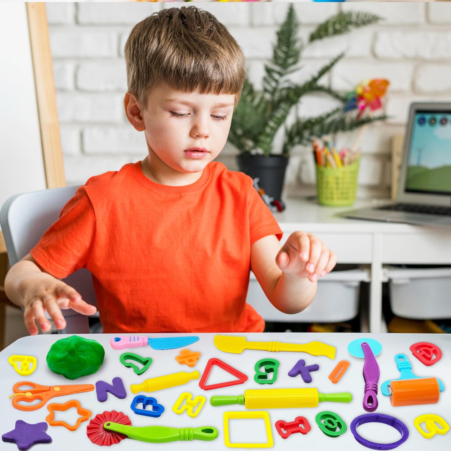 iShyan Dough Tools 55 PCS Dough Play Tools Set for Kids, Plastic Alphabet Numbers Shapes Cutters, Rollers, Scissors