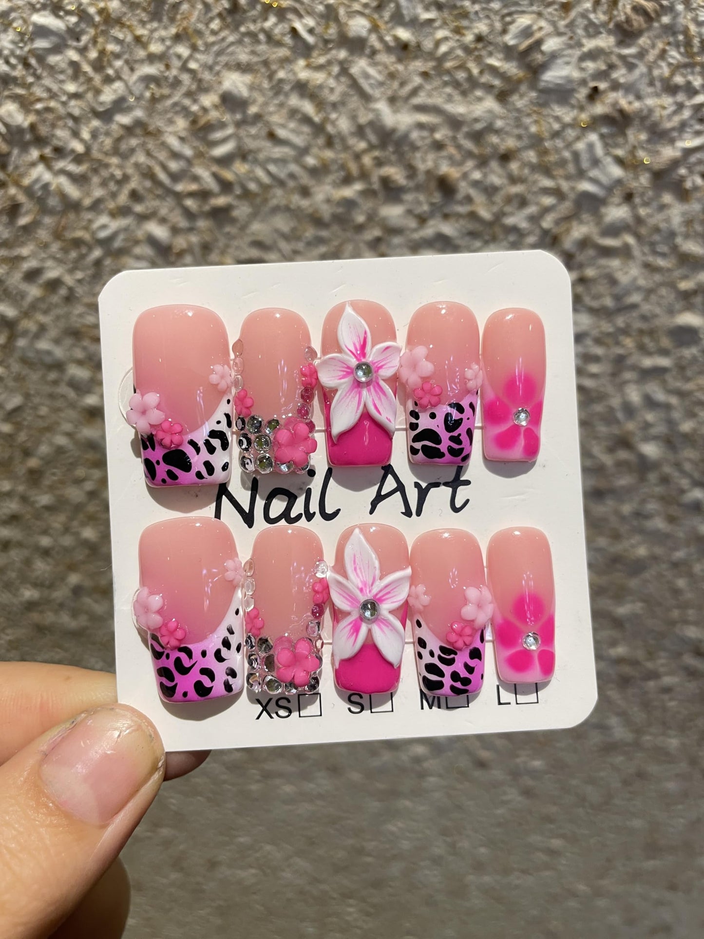 Medium Square Press on Nails Handmade Fake Nails Pink Leopard print French Tip with 3D Flower Designs luxury Rhinestones Glossy Cute Acrylic Nails for Women 10pcs (Size M）
