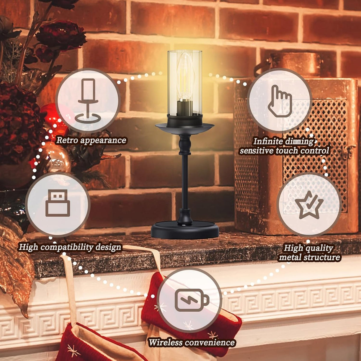 Vintage Cordless LED Candle Table Lamp Rechargeable Battery Powered Lamp, Touch Control, Metal Finish, Suitable for Bedroom, Dining Room, Wedding, Thanksgiving, Christmas, Wedding, Party, Birthday