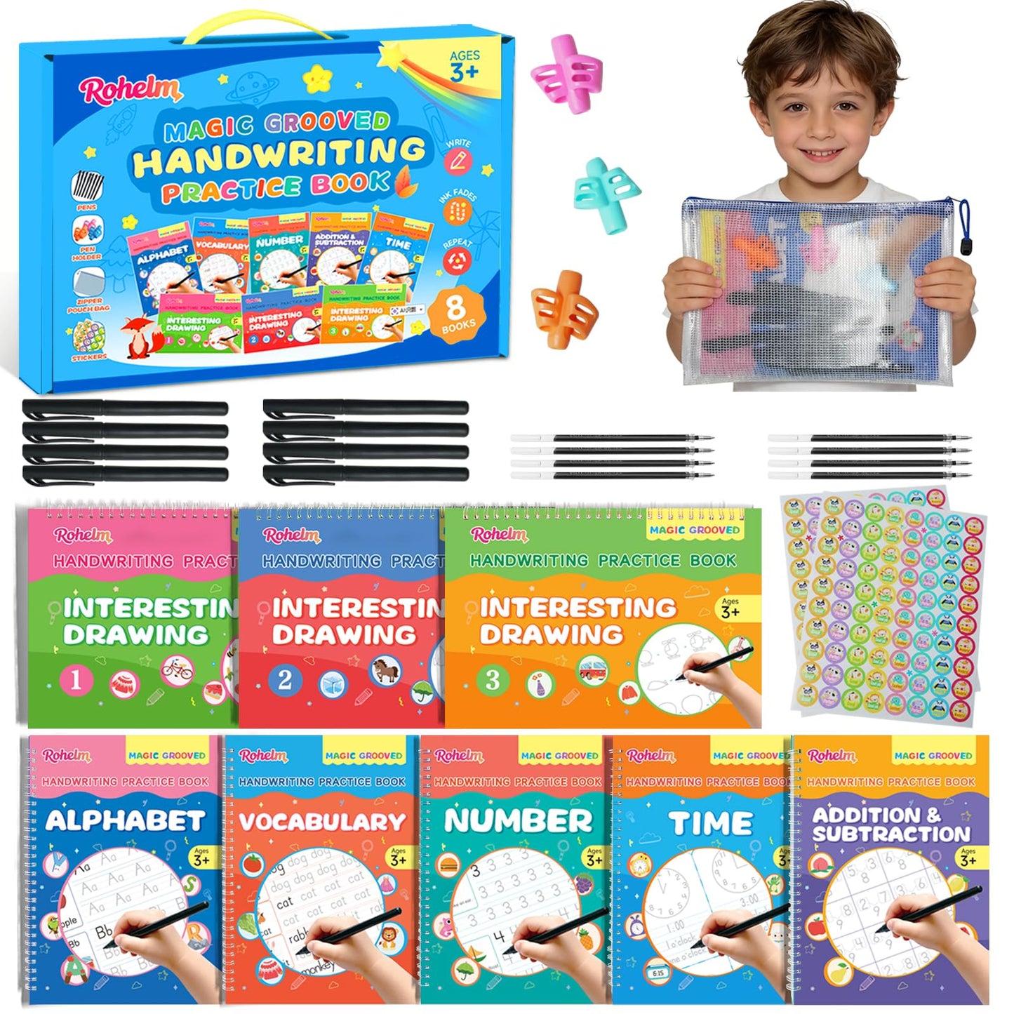 Magic Grooved Writing Practice for Kids Ages 3-8, Handwriting Practice for Kids 8 Books, Preschool Tracing Books, Reusable Grooved Writing Books with Disappearing Ink, Gifts for 3 Year Old Boy