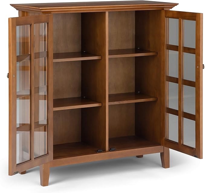 SIMPLIHOME Acadian Storage Cabinet - 39 inch Wide Solid Wood 4-Shelf Display Cabinet in Light Golden Brown, Transitional Cupboard for Living Room or Dining Room with Glass Doors and Adjustable Shelves