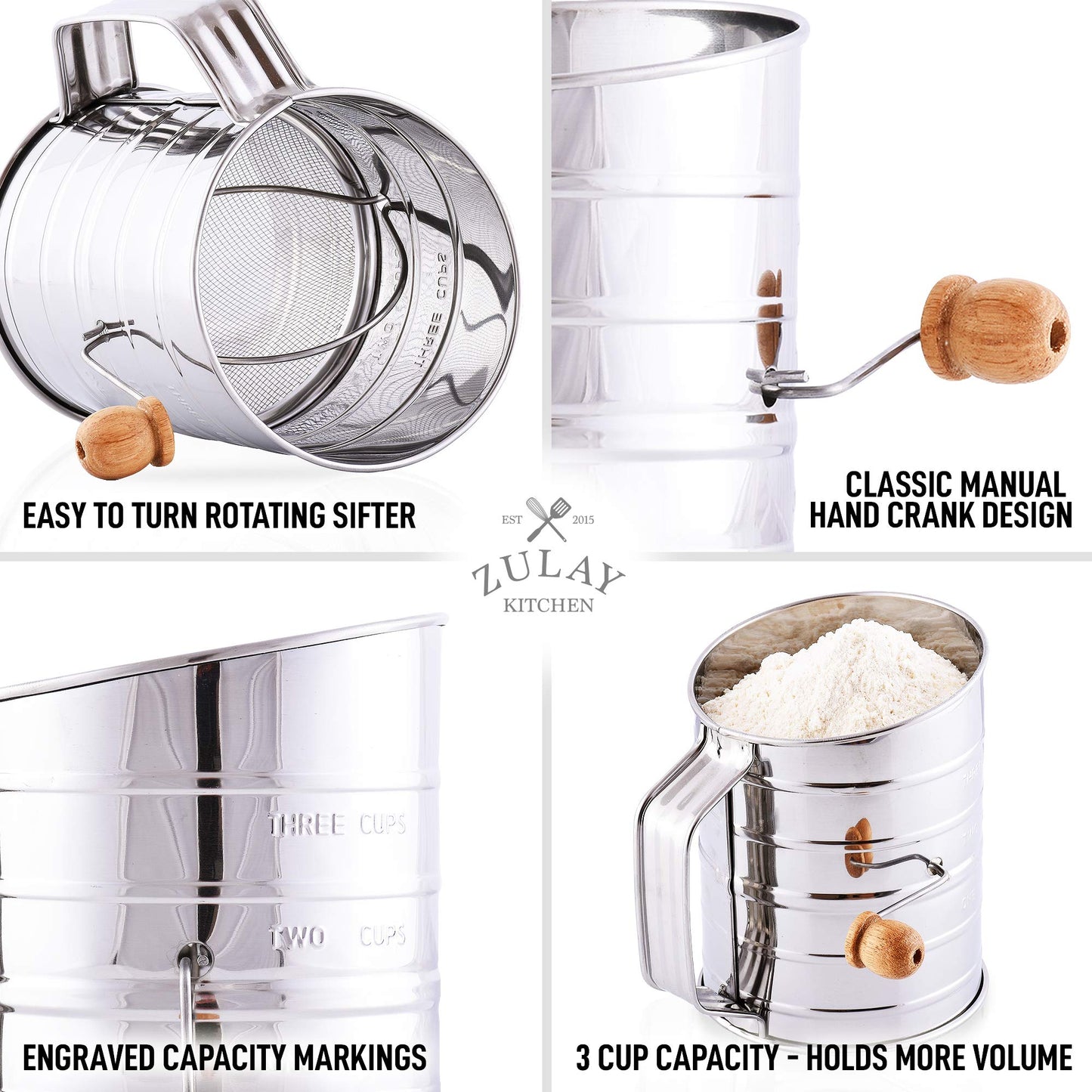 Zulay Kitchen 3 Cup Stainless Steel Flour Sifter - Fine Mesh Rotary Hand Crank Flour Sifter with Agitator Wire Loop For Baking Cakes, Pastries, Pies, Cupcakes and Desserts