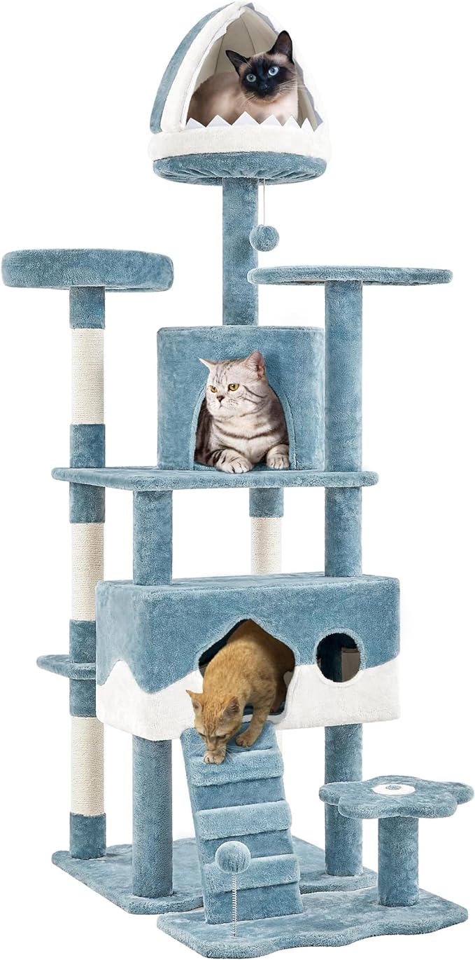 Yaheetech 72.5in Shark Cat Tree, Shark Mouth Bed, 2 Condos, Blue & White