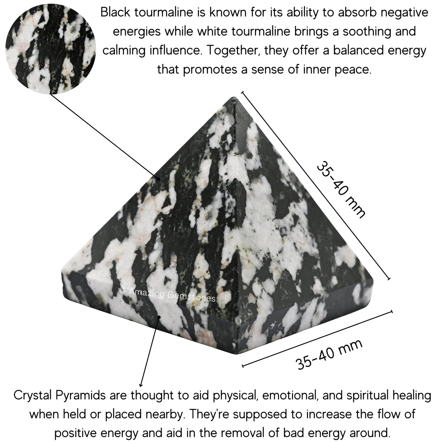 Amazing Gemstone Black and White Tourmaline Pyramid Crystal Healing Stones - 1.5" Great Pyramid Figurine of Natural Stone Pyramid for Meditation, Reiki, Chakra Balancing and Crystal Pyramids Grid