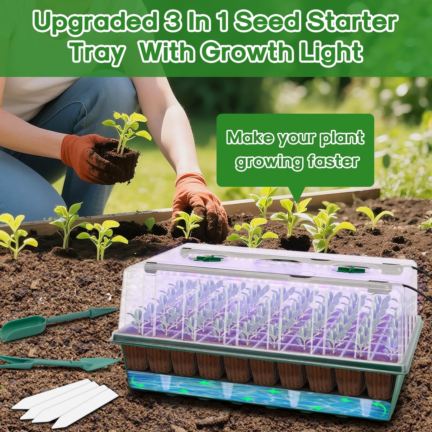 BlumWay 120-Cell Self-Watering Seed Starter Tray with Grow Light, 1-24H Timer, Seed Starter Kit with 4.02" Humidity Dome, Seedling Tray for Indoor Plant Starter, Plant Germination Trays-Green