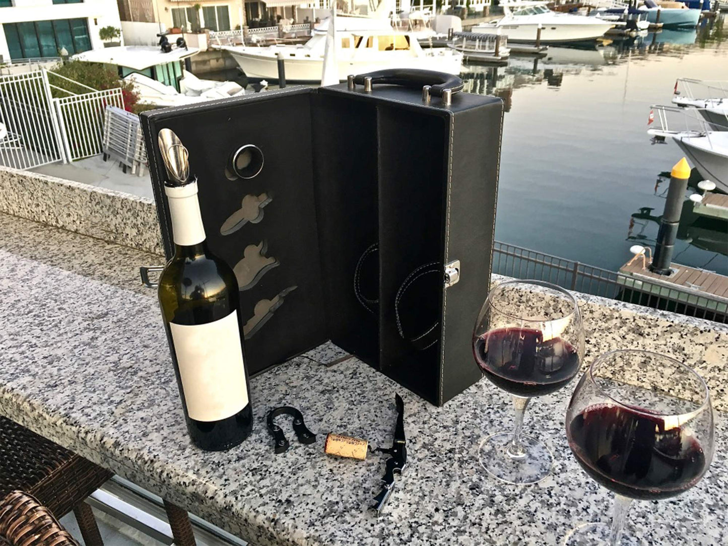 Digilant Lifestyle Top Handle Travel Two-Bottle Wine Carrier Case with 4 Piece Wine Accessory Set (Red)