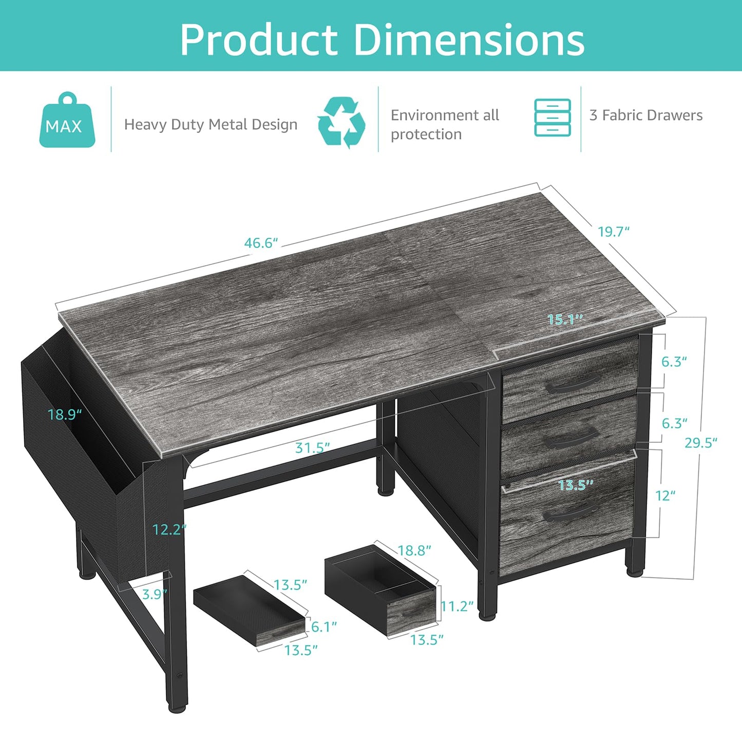 Lufeiya Computer Desk with File Drawers Cabinet, 47 Inch Home Office Desks with Filing Cabinet for Small Space, Gaming Study Writing Table PC Desks, Gray