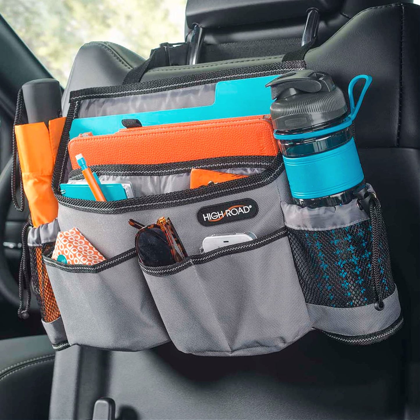 High Road SwingAway Front Seat Car Organizer for Daily Driving Essentials with Side Bottle and Cup Holders