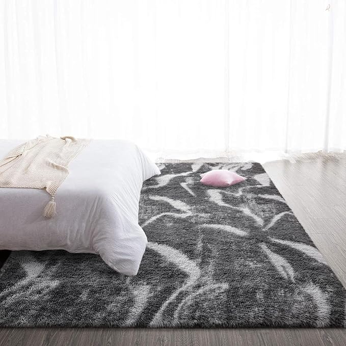 TWINNIS Super Soft Shaggy Rugs Fluffy Carpets, 6x9 Feet, Indoor Modern Plush Area Rugs for Living, Bed Room Kids Room Nursery Home Decor, Upgrade Anti-Skid Rectangular Fuzzy Rug, Black Grey