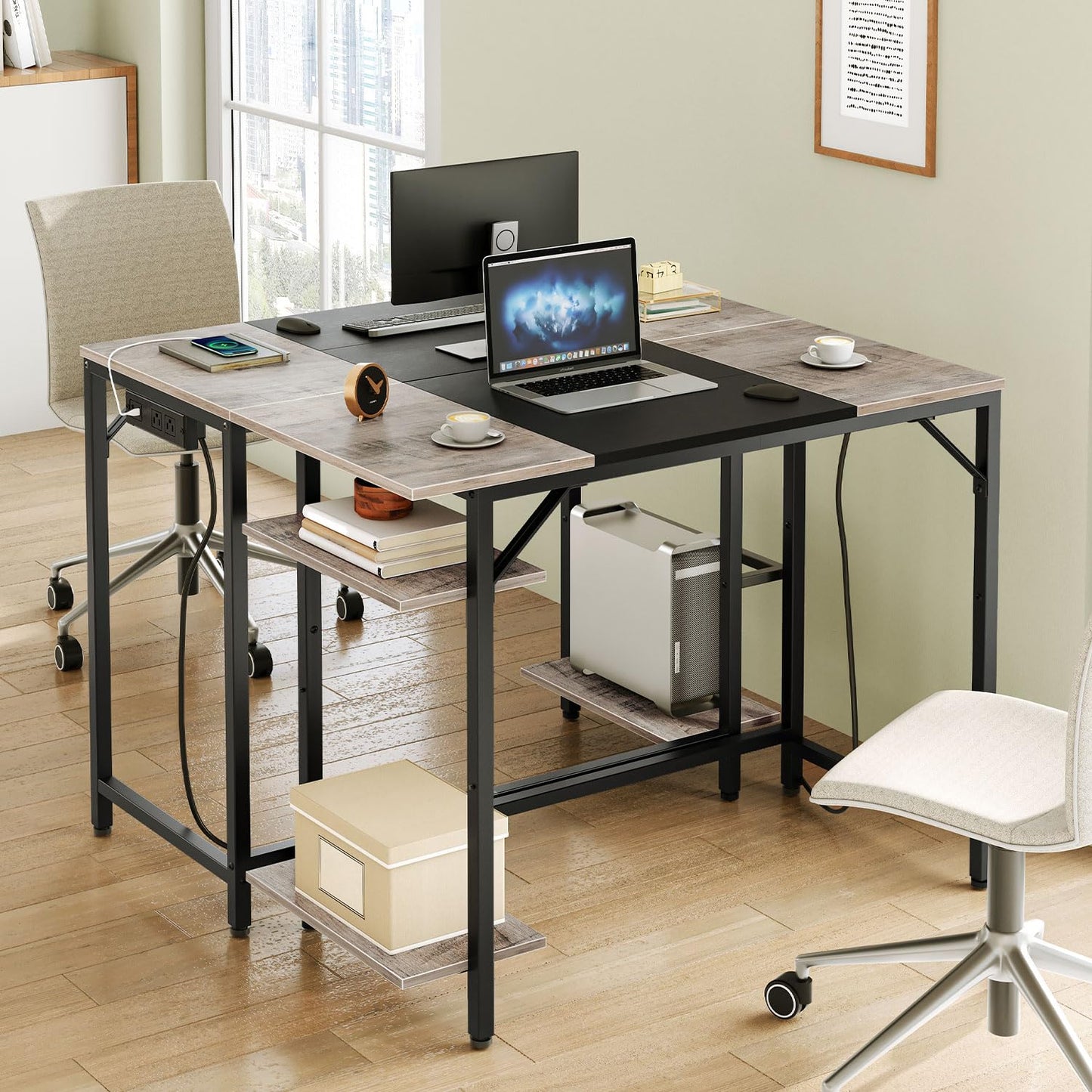 HOOBRO Computer Desk, Home Office Desk with Power Outlet, Writing Desk with 2 Shelves, Modern Small Desk for Home Office, Study, Easy to Assemble, Charcoal Gray and Black BG43UDN01