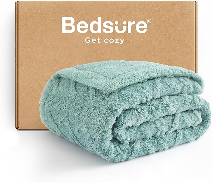 Bedsure Sherpa Fleece Blanket Twin Size for Bed - GentleSoft Fluffy & Cozy Cable Jacquard Tufted for Women Gift, Thick and Warm Blankets for Winter, Sage Green, 60x80 Inches