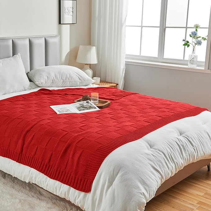 CozeCube Check Knit Throw Blanket, Christmas Red Checkered Bedroom Blanket for Couch, Soft Cozy Warm Knitted Blanket for Bed Sofa Living Room, Decorative Spring Fall Throw Blanket, 50"X60"