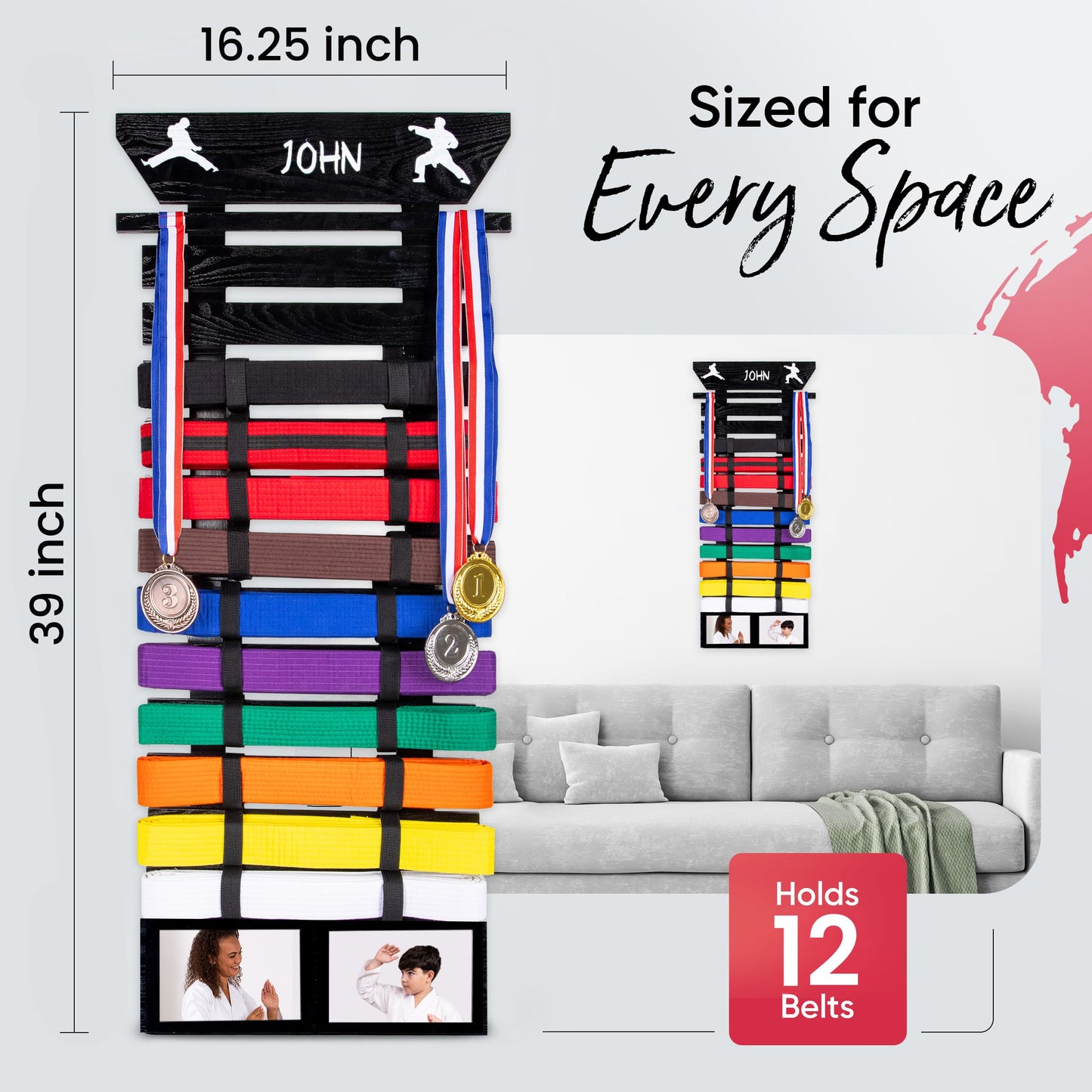 Optimus Depot Karate Belt Display Rack - Taekwondo Belt Display with Customization Stickers, 2 Picture Frames, Self-Adhesive Adjustable Strips & Hanging Kit Taekwondo Gifts - Black 12