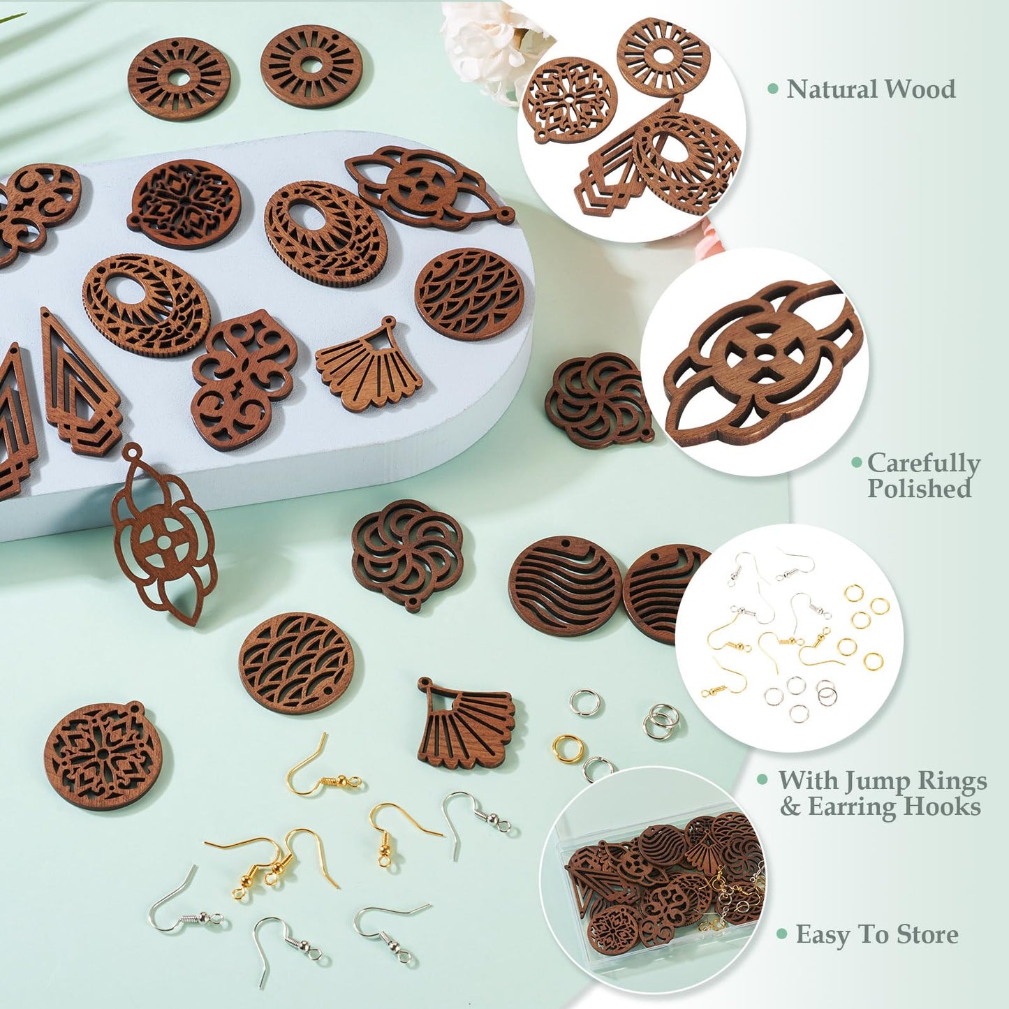 Elecrelive 10 Pairs Wooden Dangle Earring Making Kit Teardrop Oval Flower Leaf Shapes Natural Wood Earring Blanks with Hooks for DIY Craft Jewelry Making